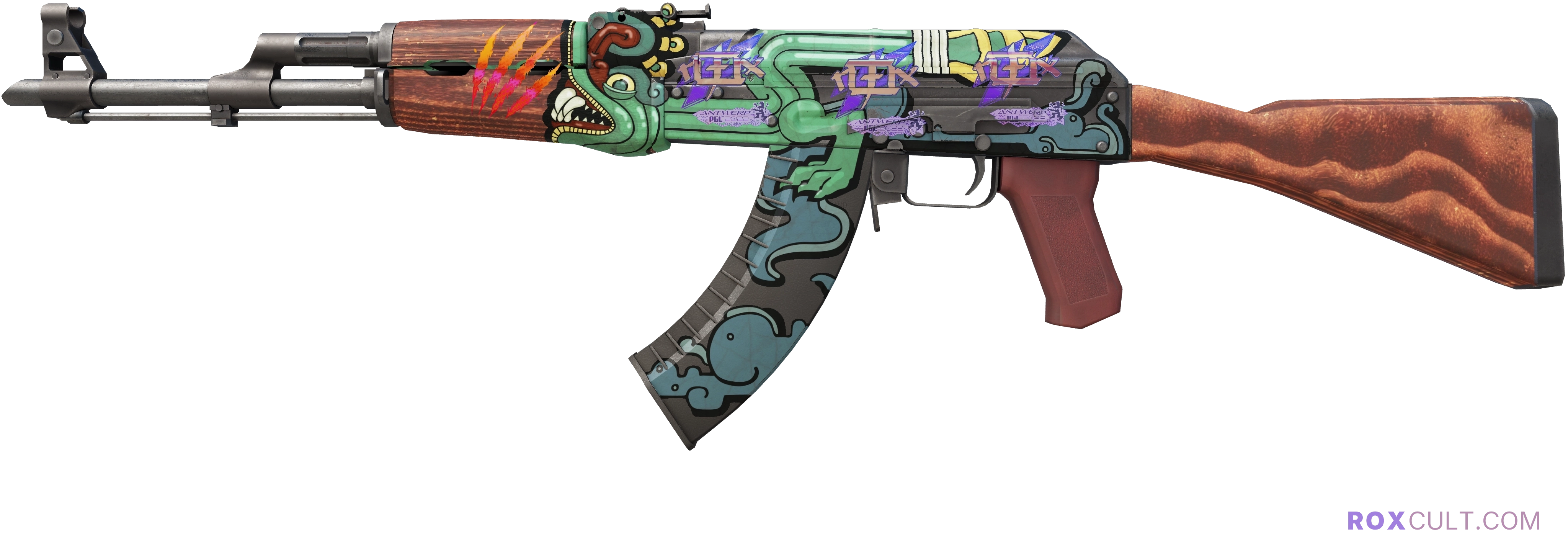 AK-47 | Fire Serpent (Minimal Wear) — rox (Holo) Antwerp 2022 craft, playside view with 3 rox (Holo) stickers