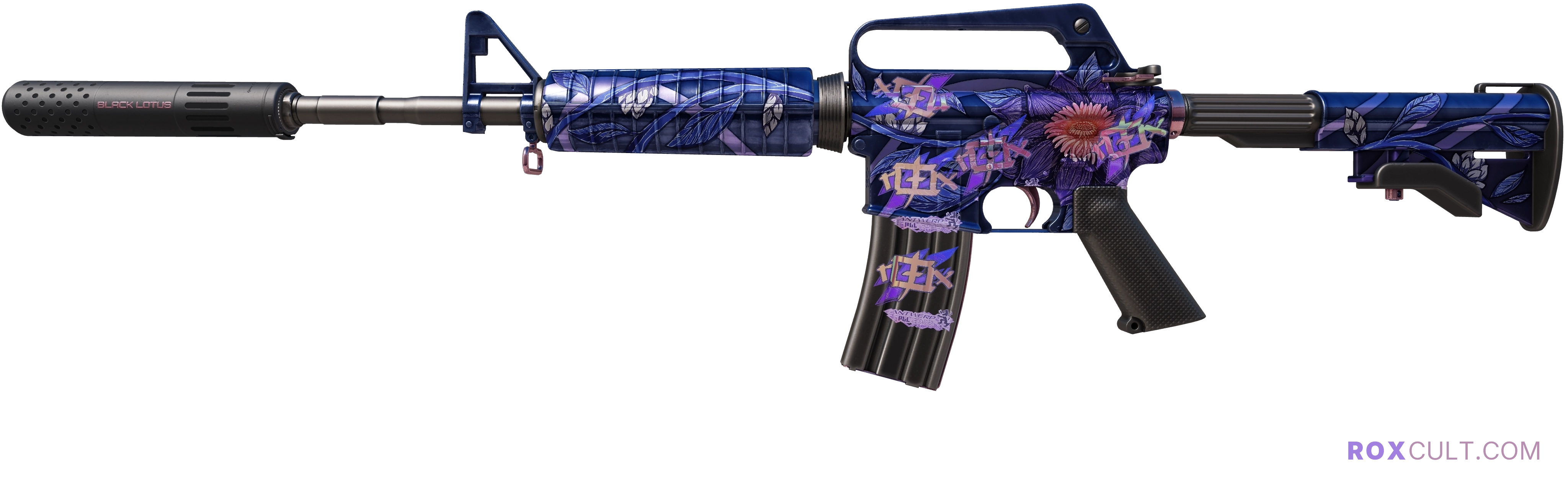 M4A1-S | Black Lotus (Factory New) — rox (Holo) Antwerp 2022 craft, playside view with 5 rox (Holo) stickers