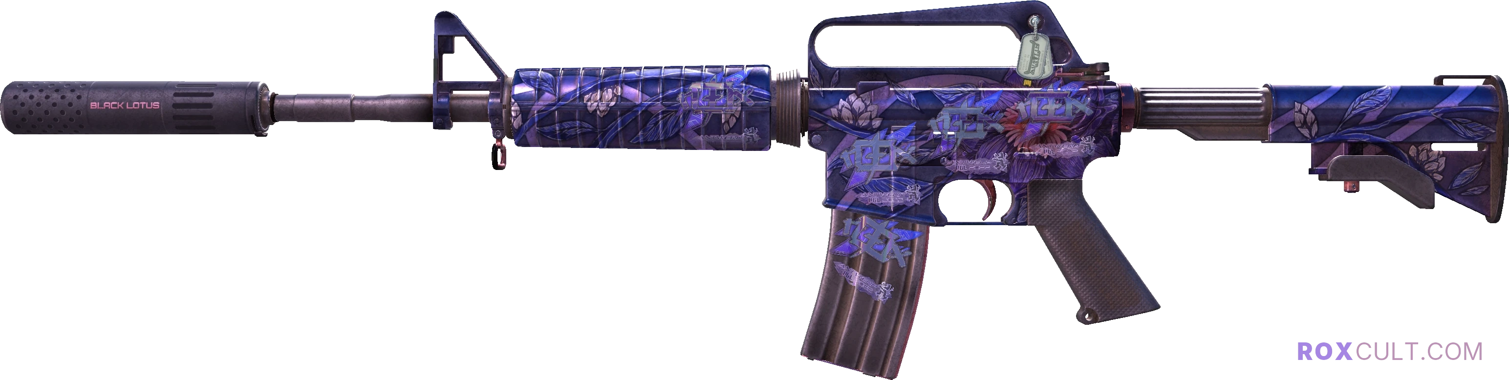 M4A1-S | Black Lotus (Battle-Scarred) — rox (Holo) Antwerp 2022 craft, playside view with 5 rox (Holo) stickers
