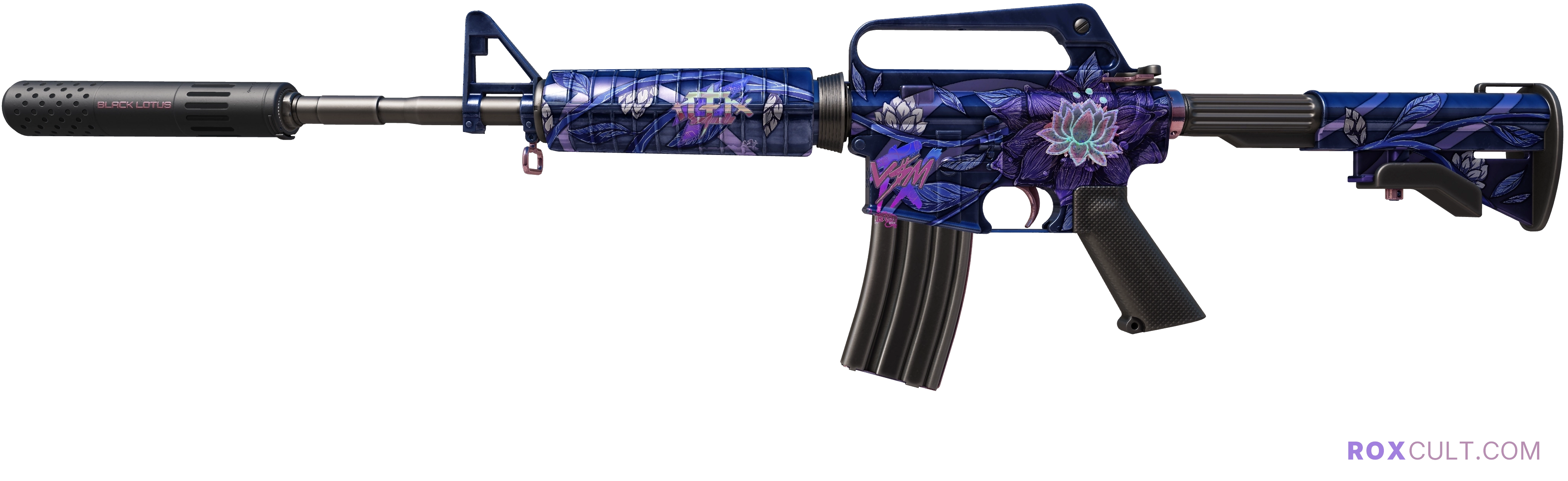 M4A1-S | Black Lotus (Factory New) — rox (Holo) Antwerp 2022 craft, playside view with 1 rox (Holo) sticker
