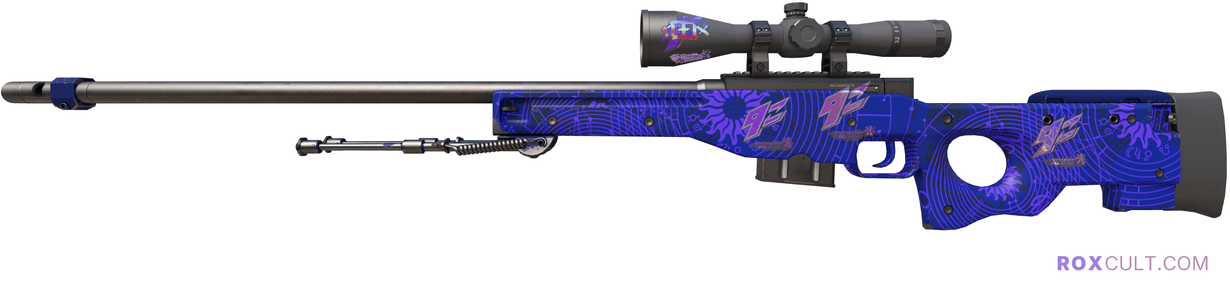 AWP | Sun in Leo (Factory New) — rox (Holo) Antwerp 2022 craft, playside view with 1 rox (Holo) sticker