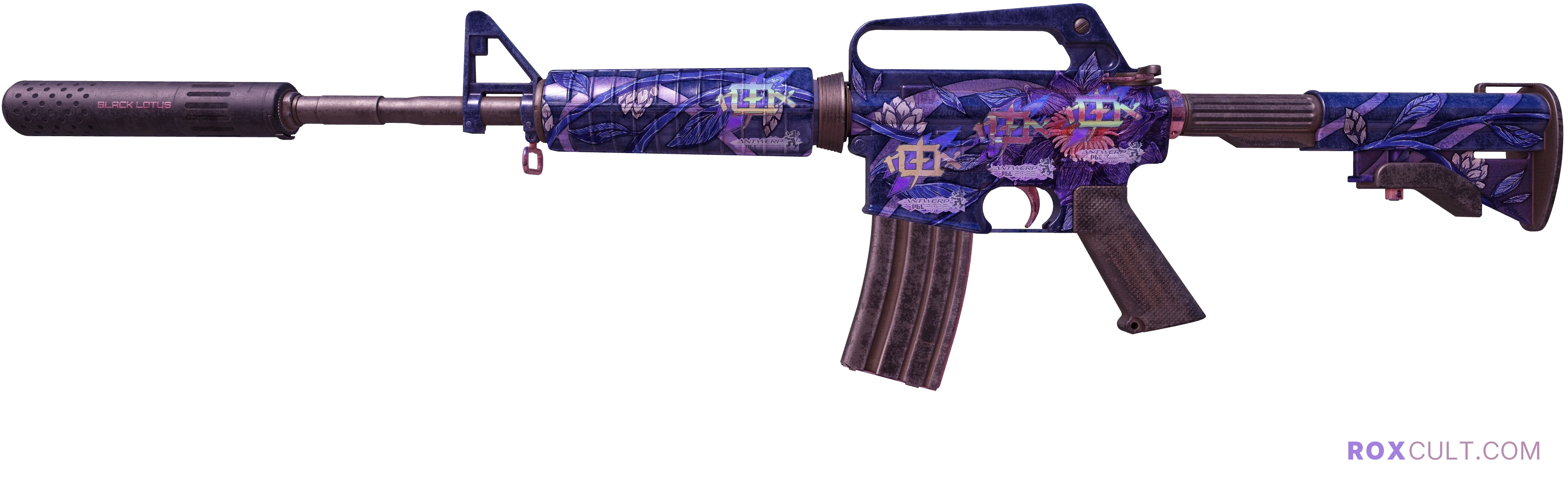 M4A1-S | Black Lotus (Battle-Scarred) — rox (Holo) Antwerp 2022 craft, playside view with 4 rox (Holo) stickers