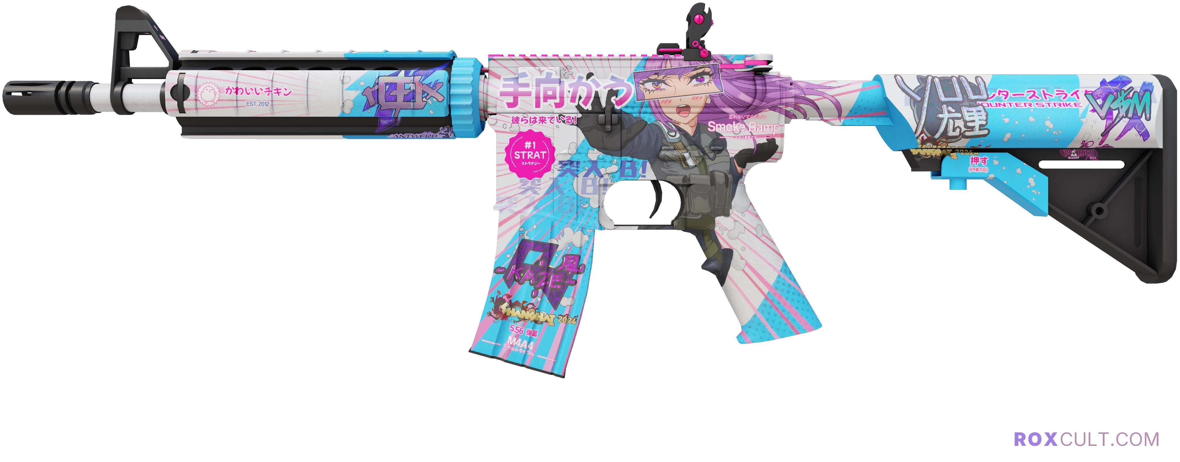 M4A4 | Temukau (Factory New) — rox (Holo) Antwerp 2022 craft, playside view with 1 rox (Holo) sticker