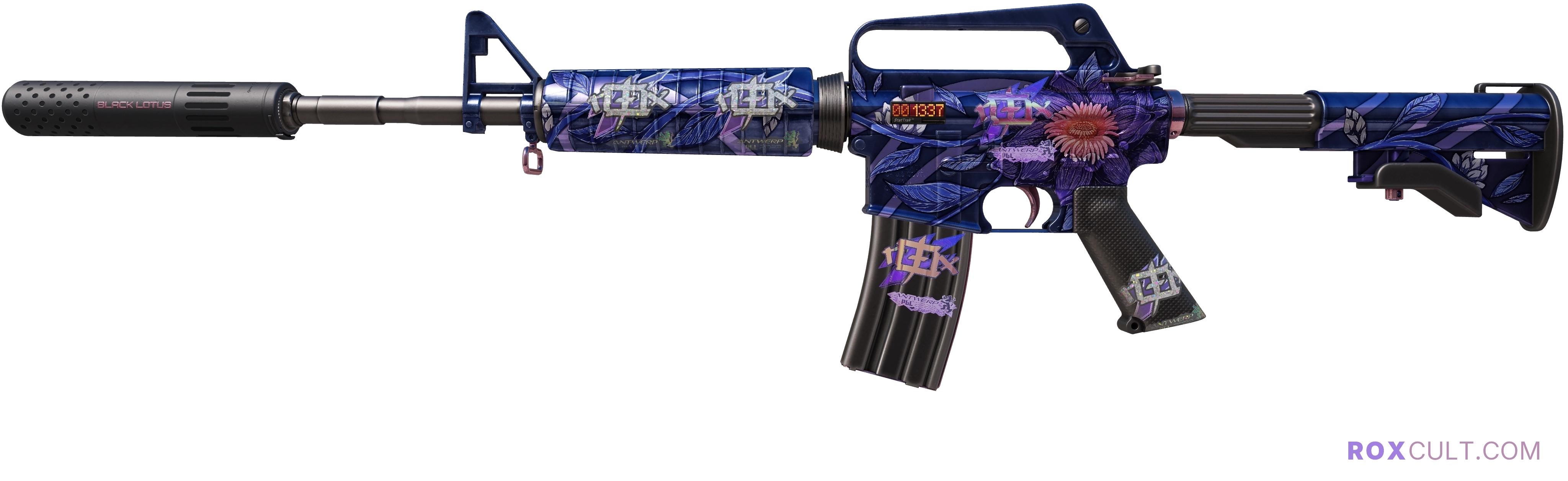 StatTrak™ M4A1-S | Black Lotus (Minimal Wear) — rox (Holo) Antwerp 2022 craft, playside view with 2 rox (Holo) stickers