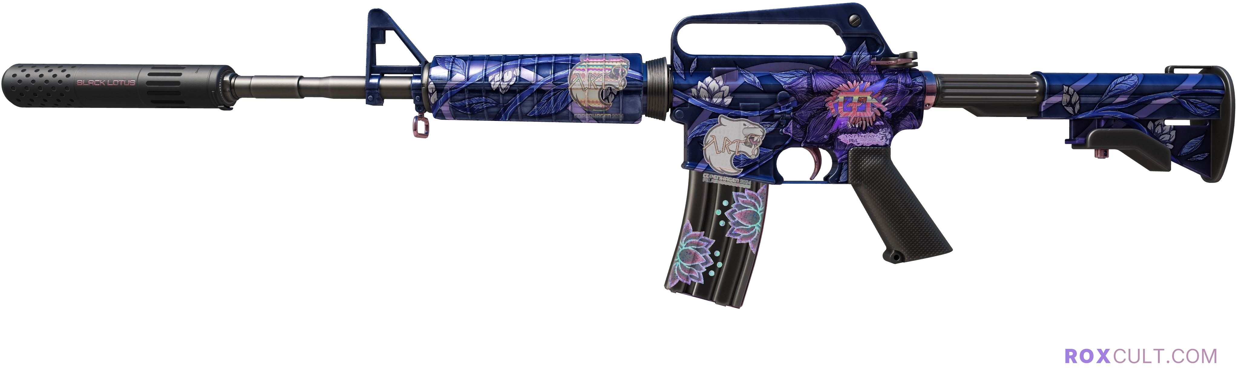 M4A1-S | Black Lotus (Factory New) — rox (Holo) Antwerp 2022 craft, playside view with 1 rox (Holo) sticker