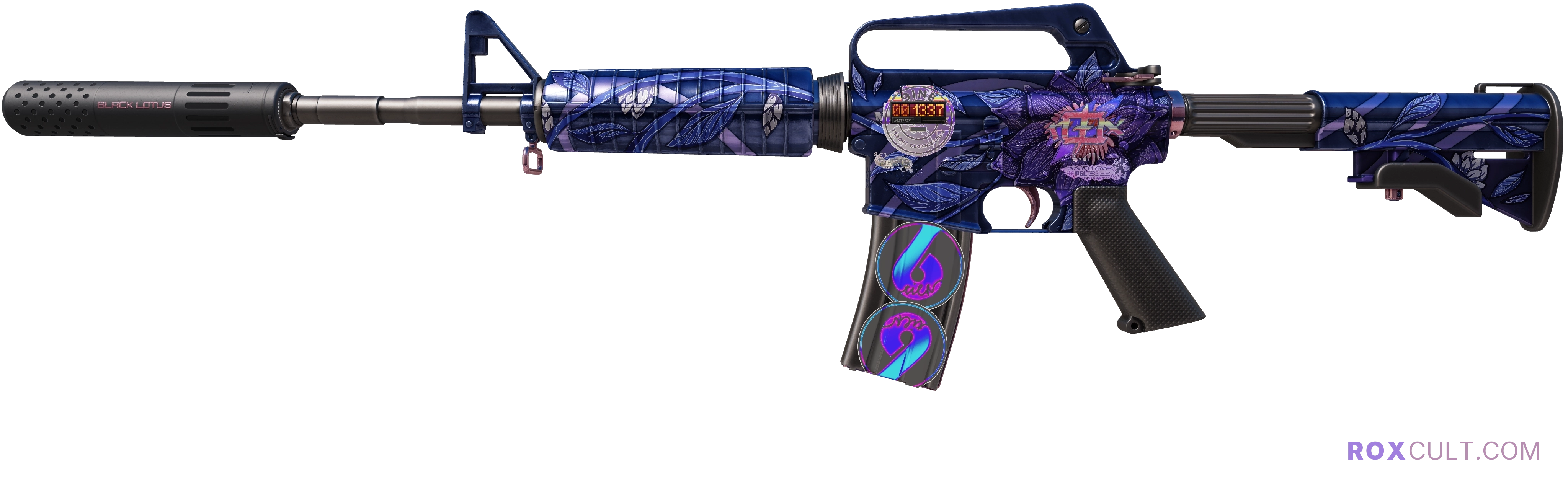 StatTrak™ M4A1-S | Black Lotus (Minimal Wear) — rox (Holo) Antwerp 2022 craft, playside view with 1 rox (Holo) sticker