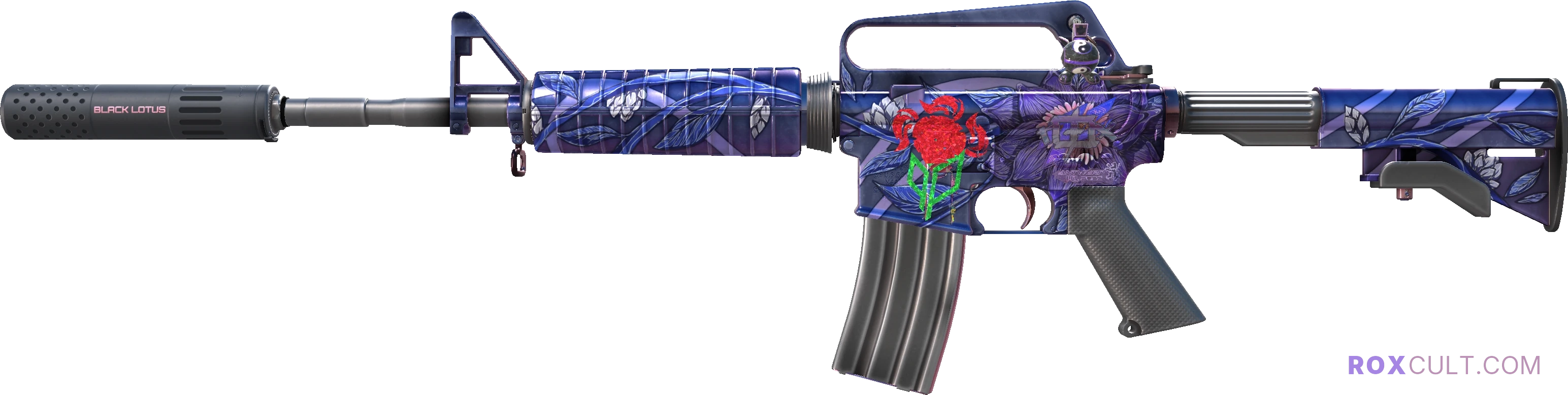M4A1-S | Black Lotus (Minimal Wear) — rox (Holo) Antwerp 2022 craft, playside view with 1 rox (Holo) sticker