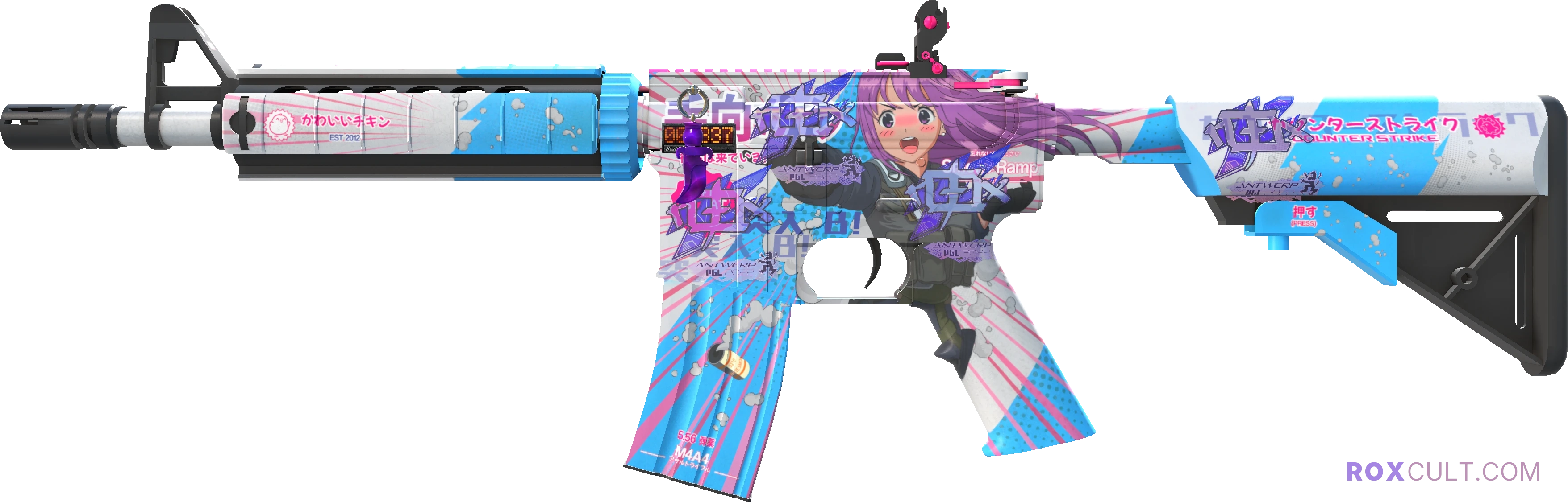 StatTrak™ M4A4 | Temukau (Factory New) — rox (Holo) Antwerp 2022 craft, playside view with 4 rox (Holo) stickers