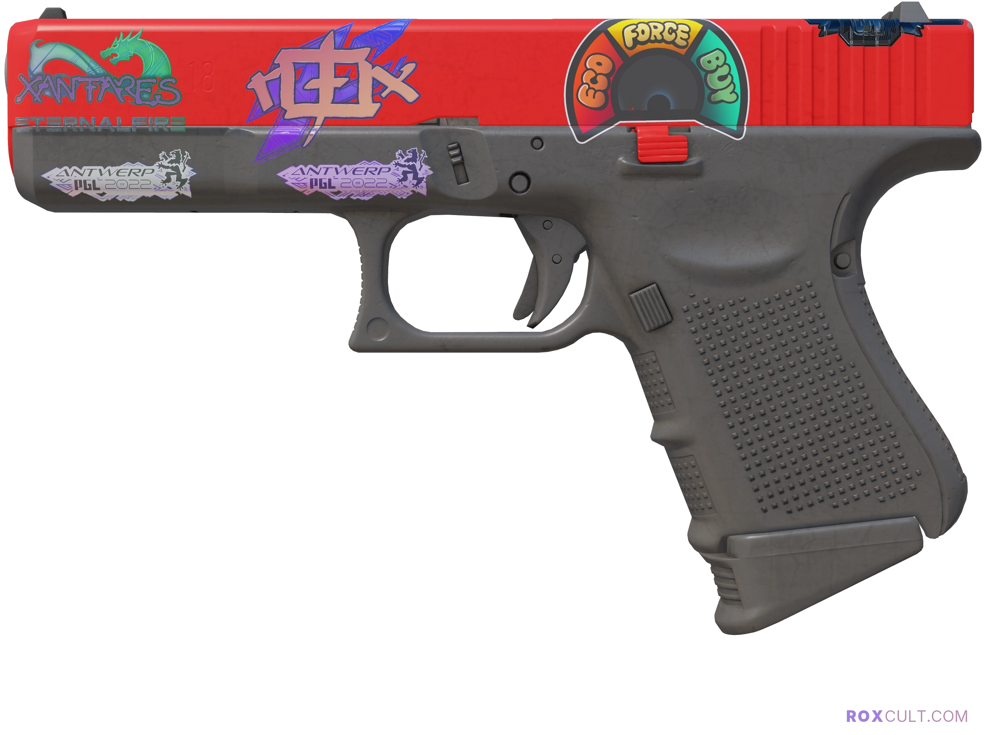 Glock-18 | Candy Apple (Factory New) — rox (Holo) Antwerp 2022 craft, playside view with 1 rox (Holo) sticker