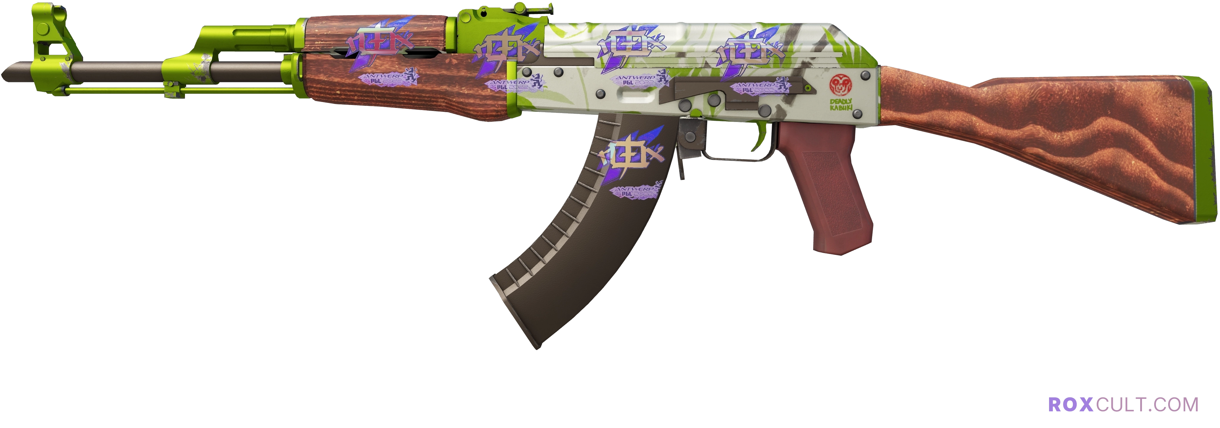 AK-47 | Hydroponic (Factory New) — rox (Holo) Antwerp 2022 craft, playside view with 5 rox (Holo) stickers