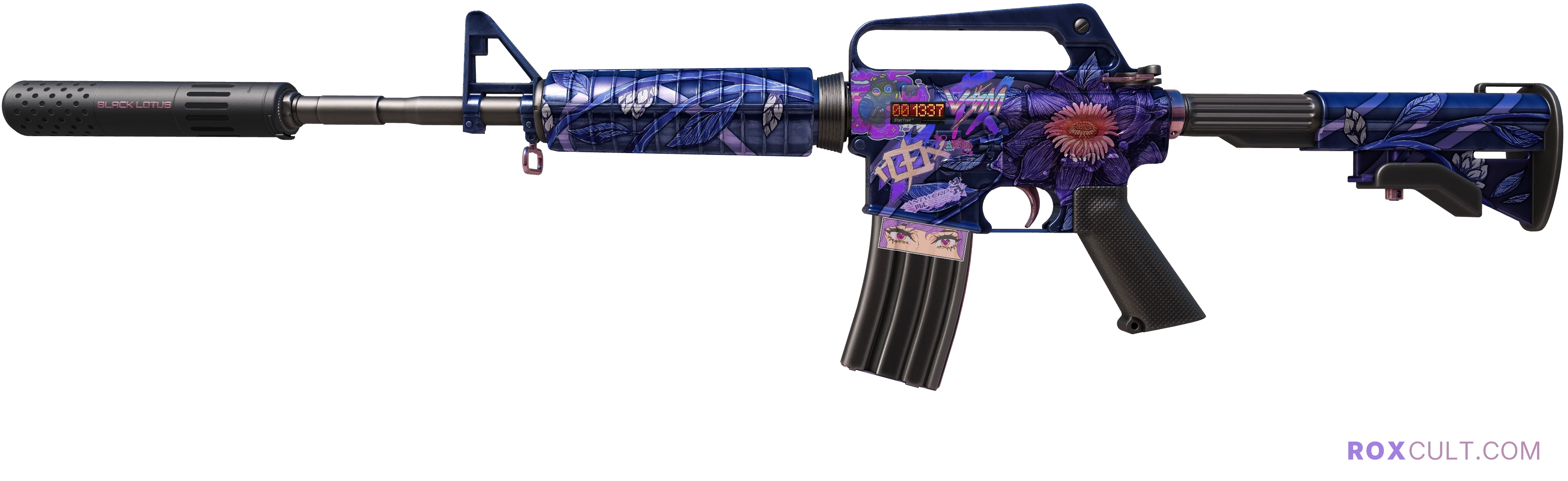 StatTrak™ M4A1-S | Black Lotus (Factory New) — rox (Holo) Antwerp 2022 craft, playside view with 1 rox (Holo) sticker