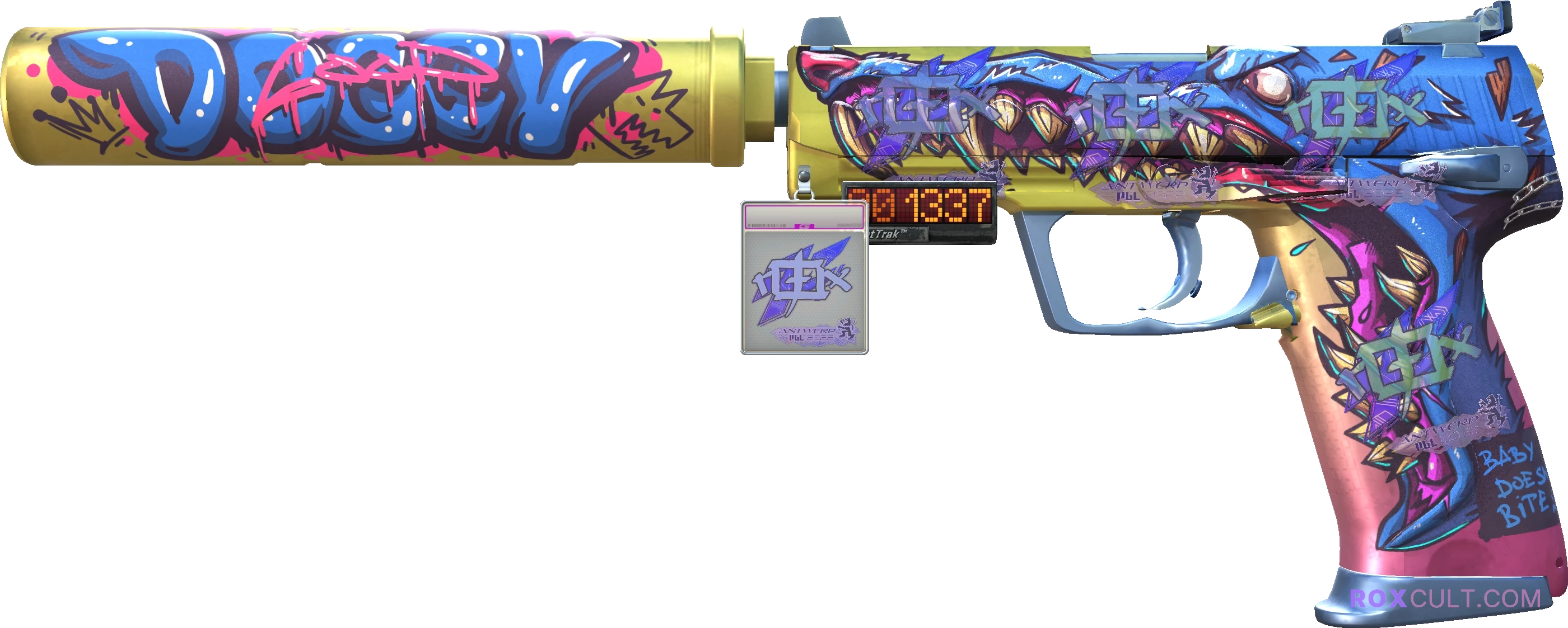 StatTrak™ USP-S | Jawbreaker (Factory New) — rox (Holo) Antwerp 2022 craft, playside view with 4 rox (Holo) stickers