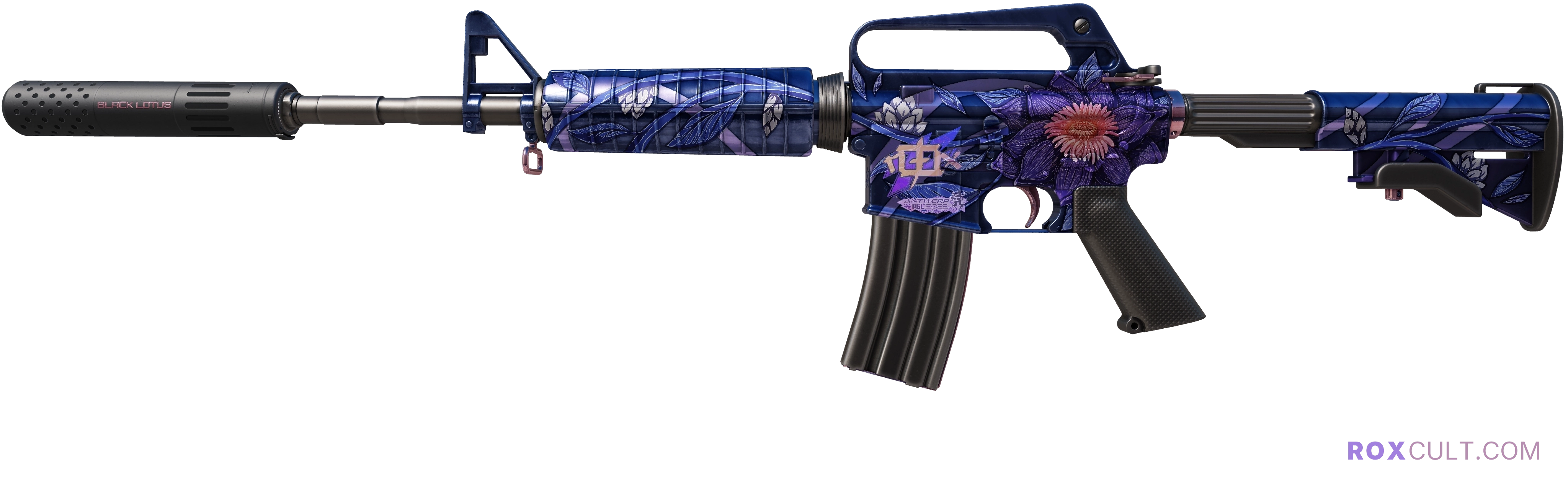 M4A1-S | Black Lotus (Factory New) — rox (Holo) Antwerp 2022 craft, playside view with 1 rox (Holo) sticker