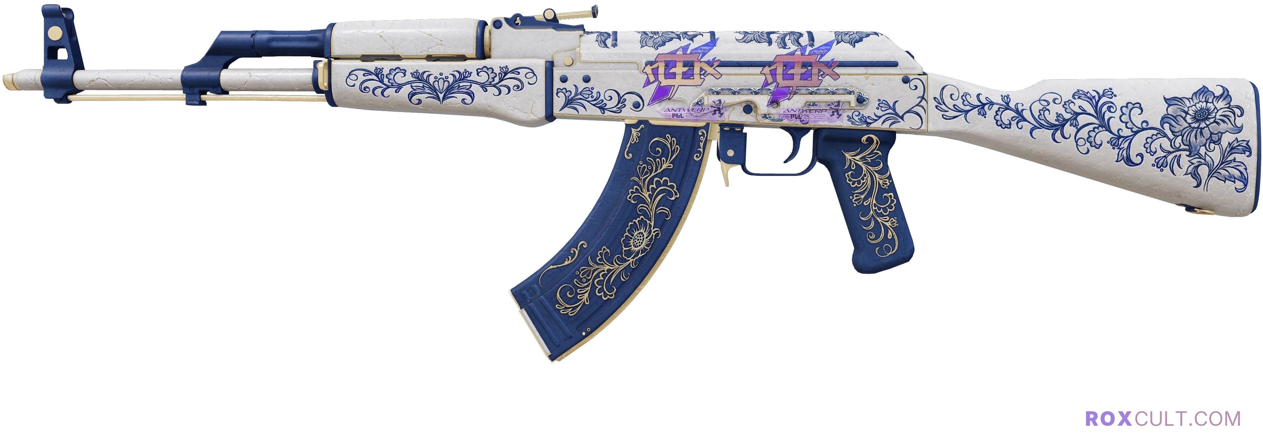 AK-47 | Inheritance (Factory New) — rox (Holo) Antwerp 2022 craft, playside view with 2 rox (Holo) stickers