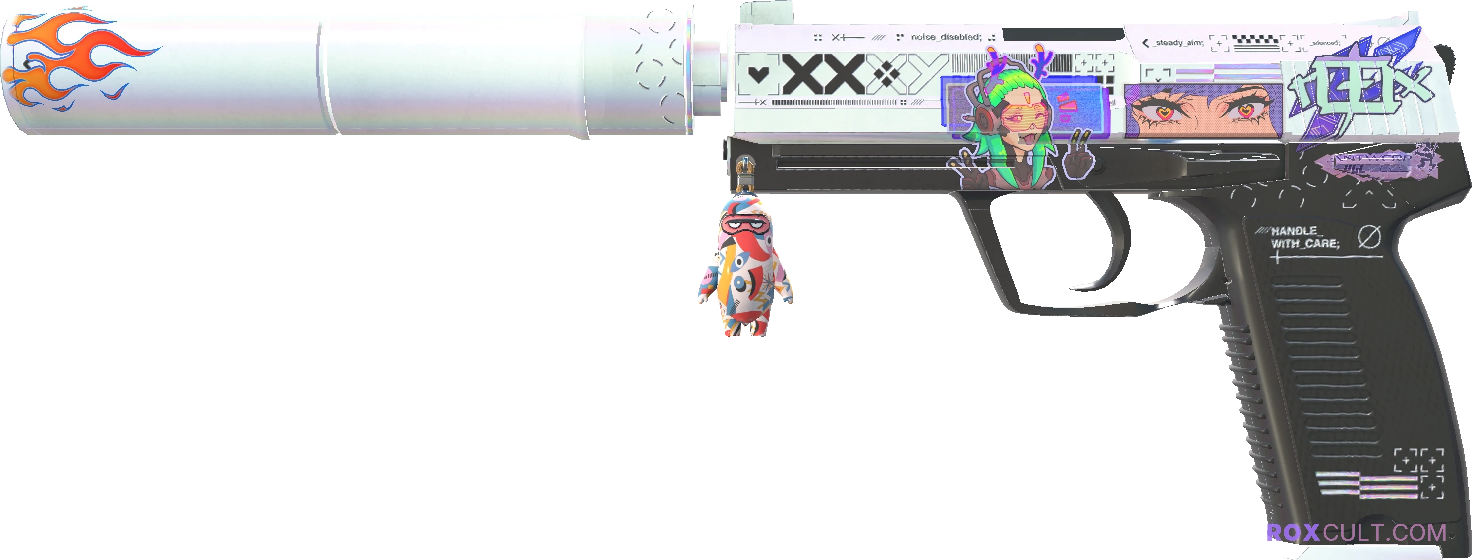 USP-S | Printstream (Factory New) — rox (Holo) Antwerp 2022 craft, playside view with 1 rox (Holo) sticker