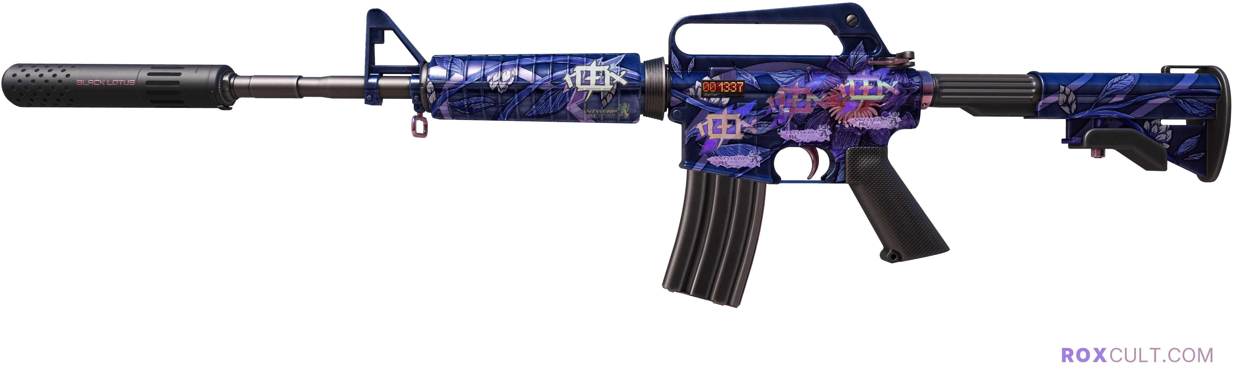 StatTrak™ M4A1-S | Black Lotus (Minimal Wear) — rox (Holo) Antwerp 2022 craft, playside view with 3 rox (Holo) stickers