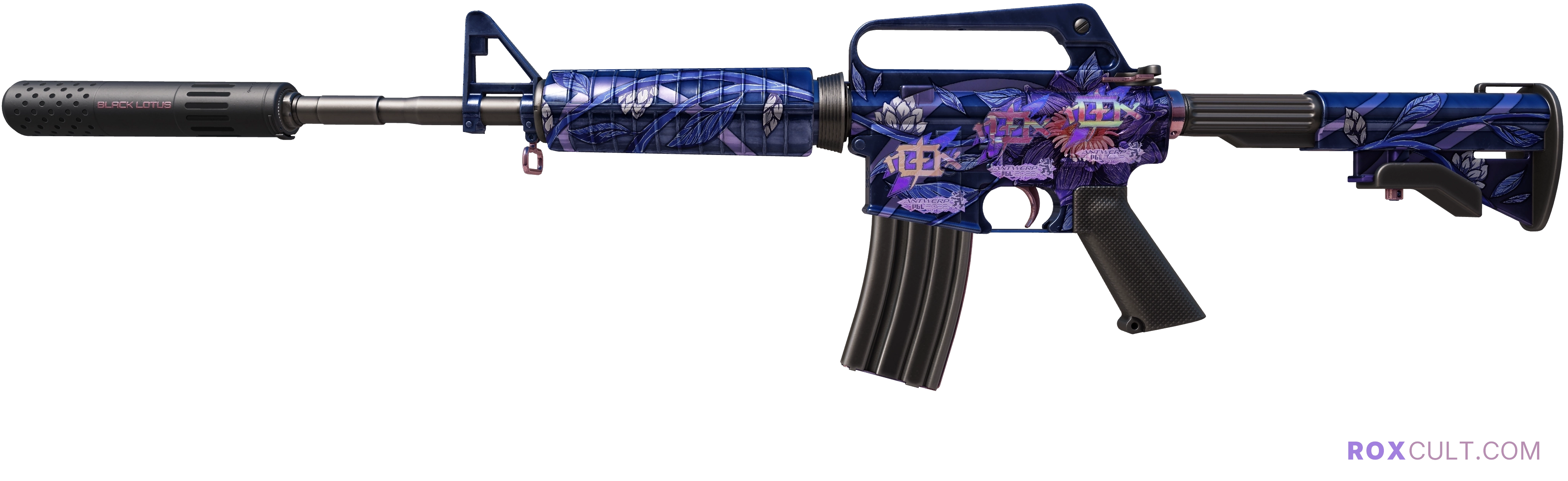 M4A1-S | Black Lotus (Factory New) — rox (Holo) Antwerp 2022 craft, playside view with 3 rox (Holo) stickers