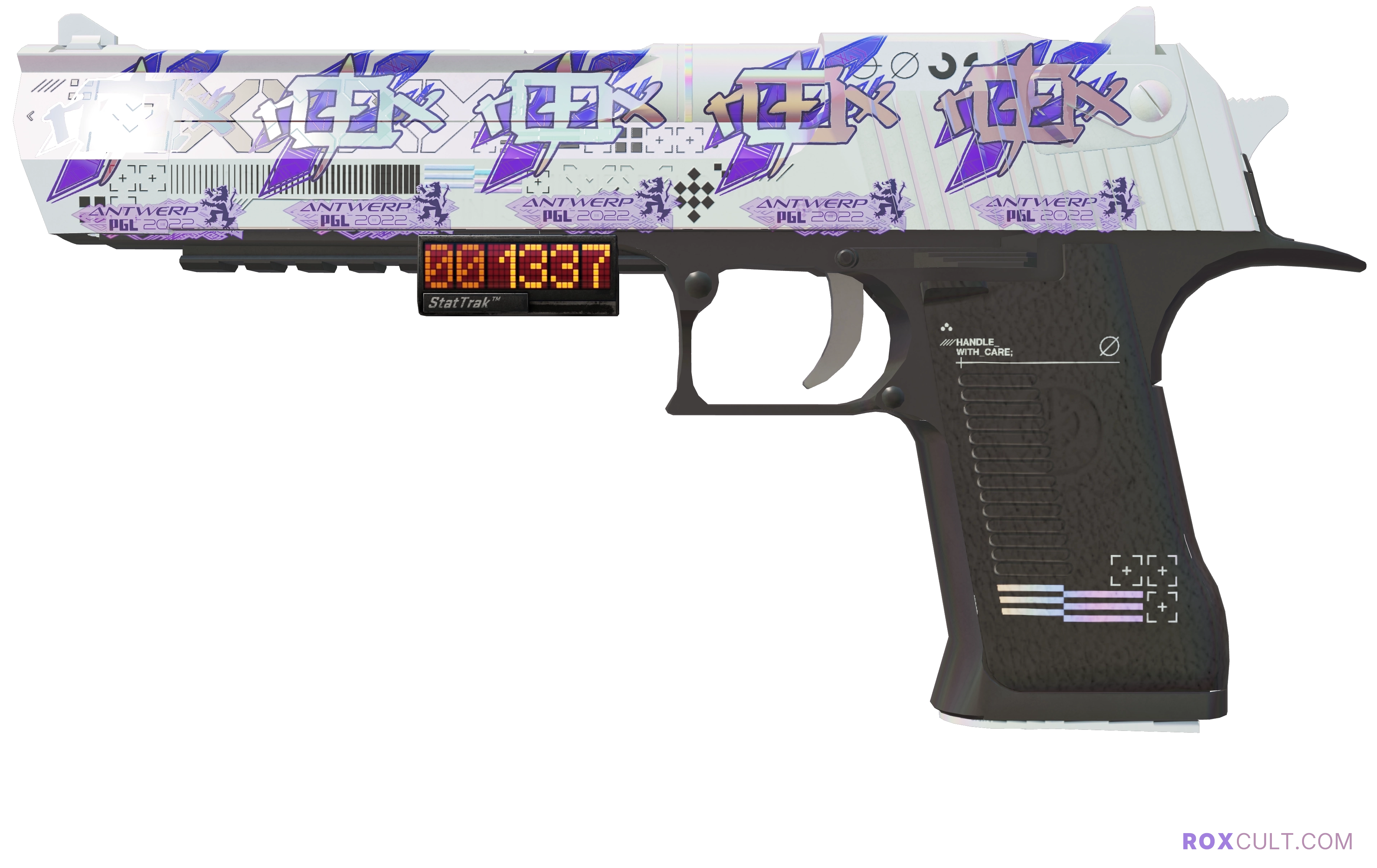 StatTrak™ Desert Eagle | Printstream (Factory New) — rox (Holo) Antwerp 2022 craft, playside view with 5 rox (Holo) stickers
