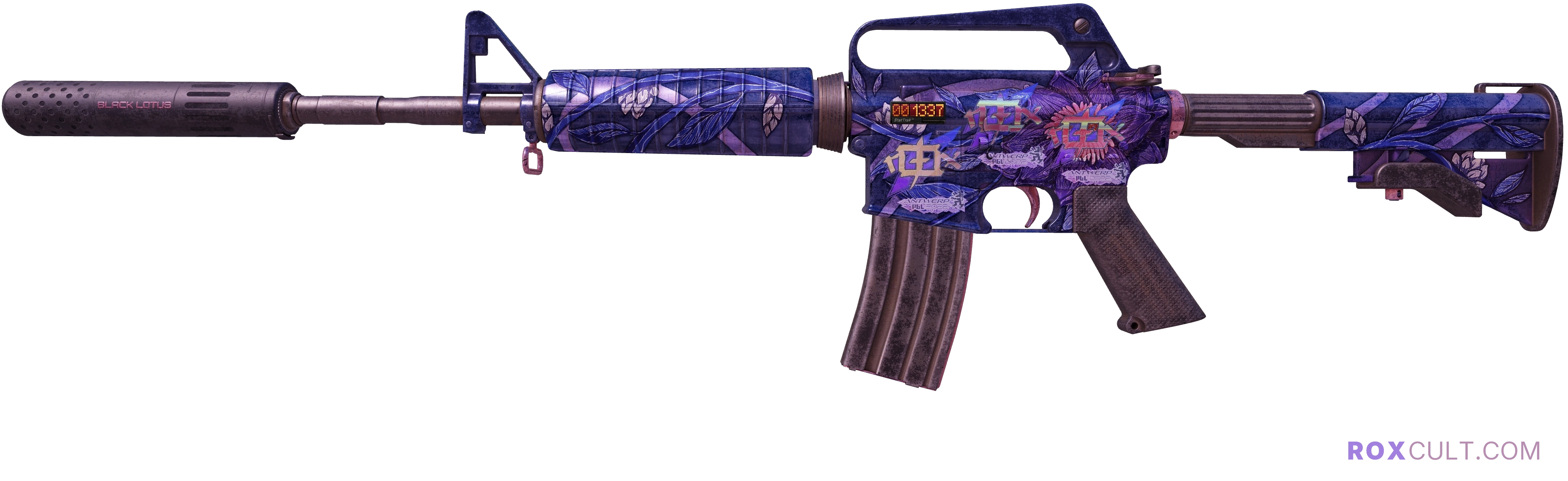 StatTrak™ M4A1-S | Black Lotus (Battle-Scarred) — rox (Holo) Antwerp 2022 craft, playside view with 3 rox (Holo) stickers