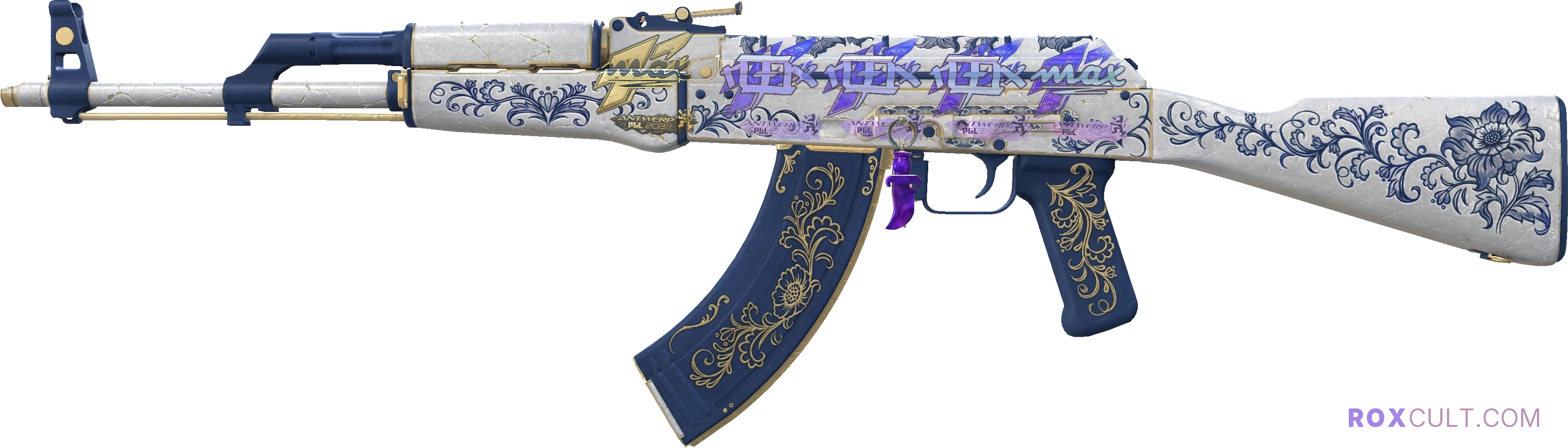 AK-47 | Inheritance (Factory New) — rox (Holo) Antwerp 2022 craft, playside view with 3 rox (Holo) stickers