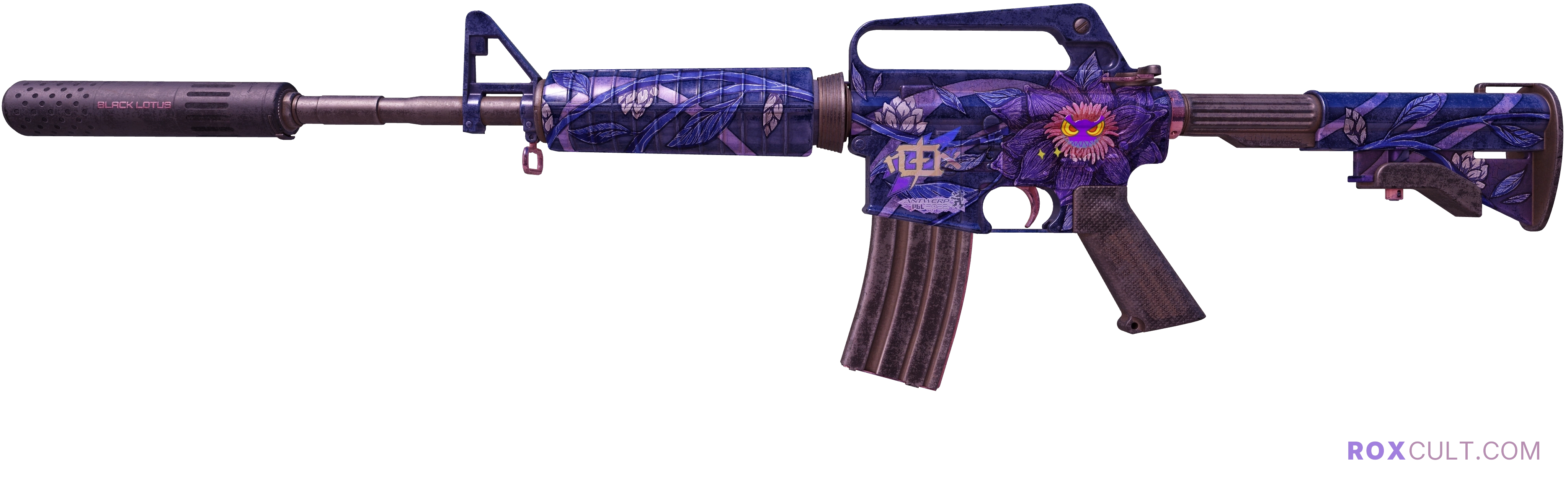 M4A1-S | Black Lotus (Battle-Scarred) — rox (Holo) Antwerp 2022 craft, playside view with 1 rox (Holo) sticker