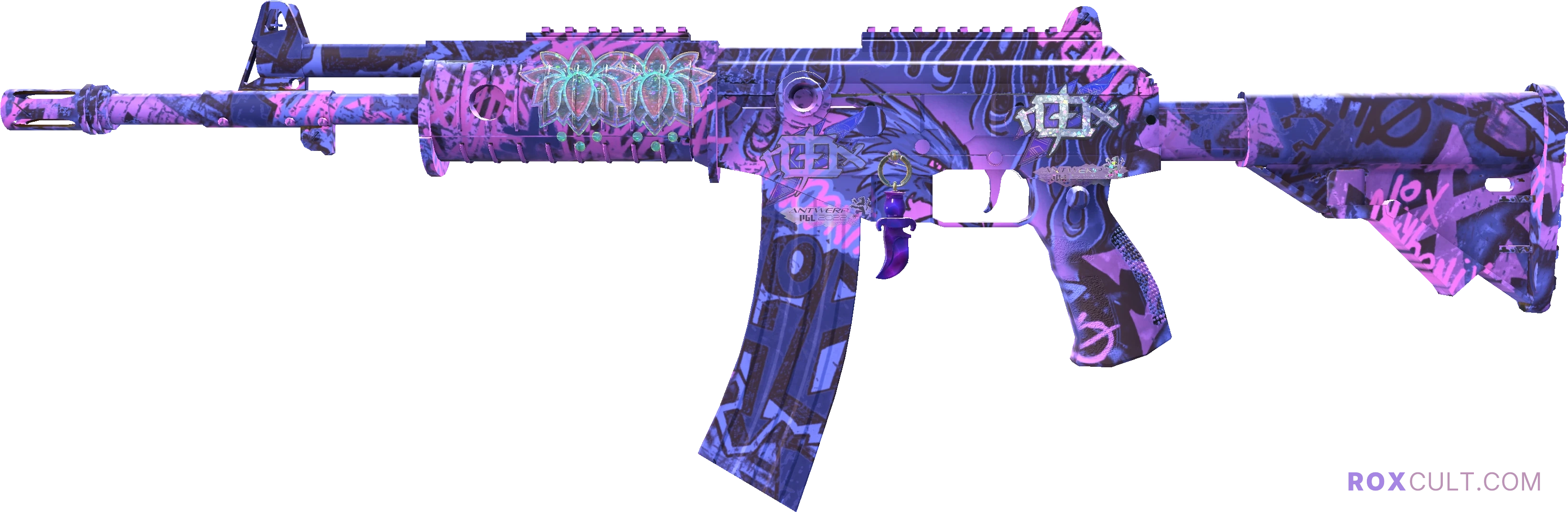 Galil AR | Phoenix Blacklight (Factory New) — rox (Holo) Antwerp 2022 craft, playside view with 2 rox (Holo) stickers