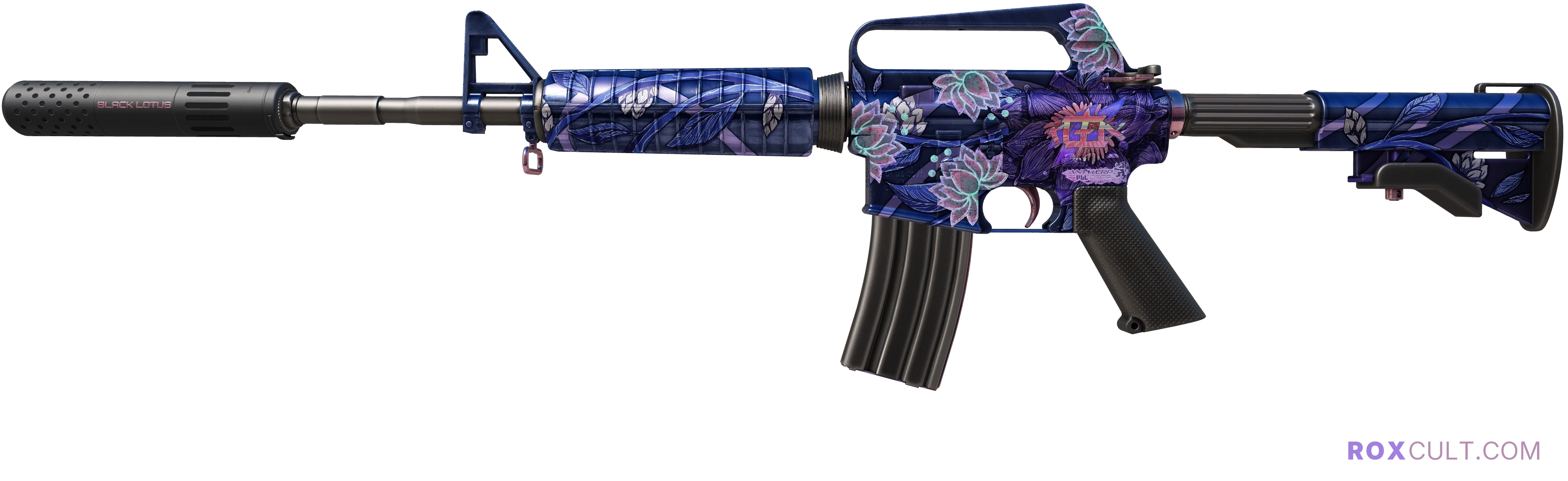 M4A1-S | Black Lotus (Factory New) — rox (Holo) Antwerp 2022 craft, playside view with 1 rox (Holo) sticker