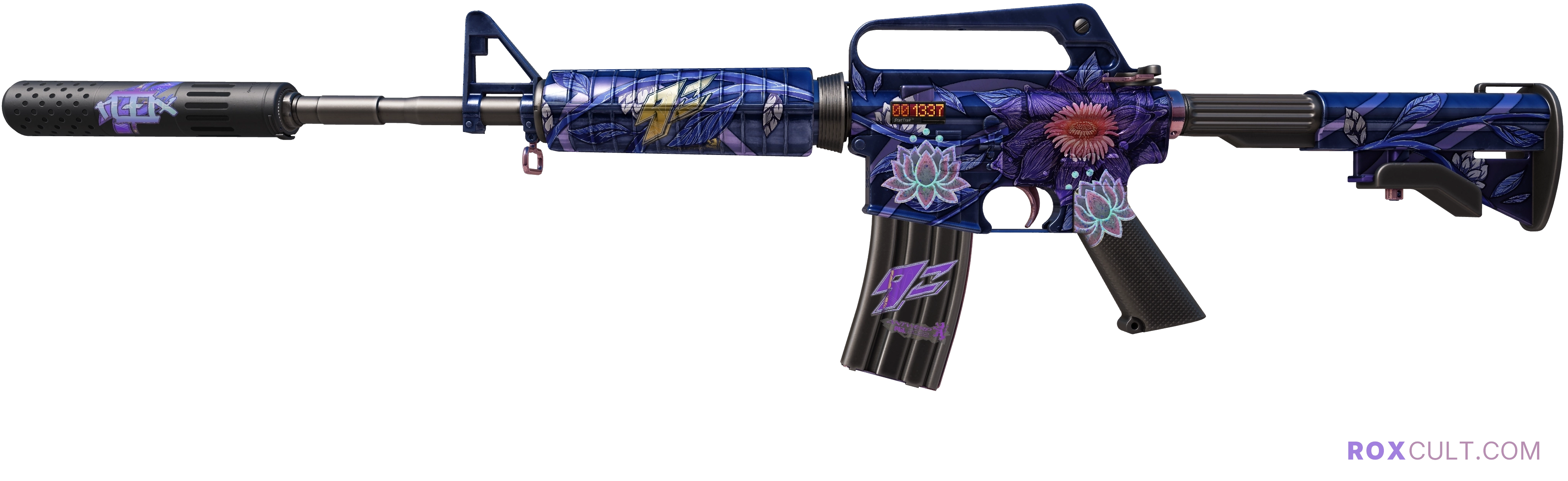 StatTrak™ M4A1-S | Black Lotus (Factory New) — rox (Holo) Antwerp 2022 craft, playside view with 1 rox (Holo) sticker