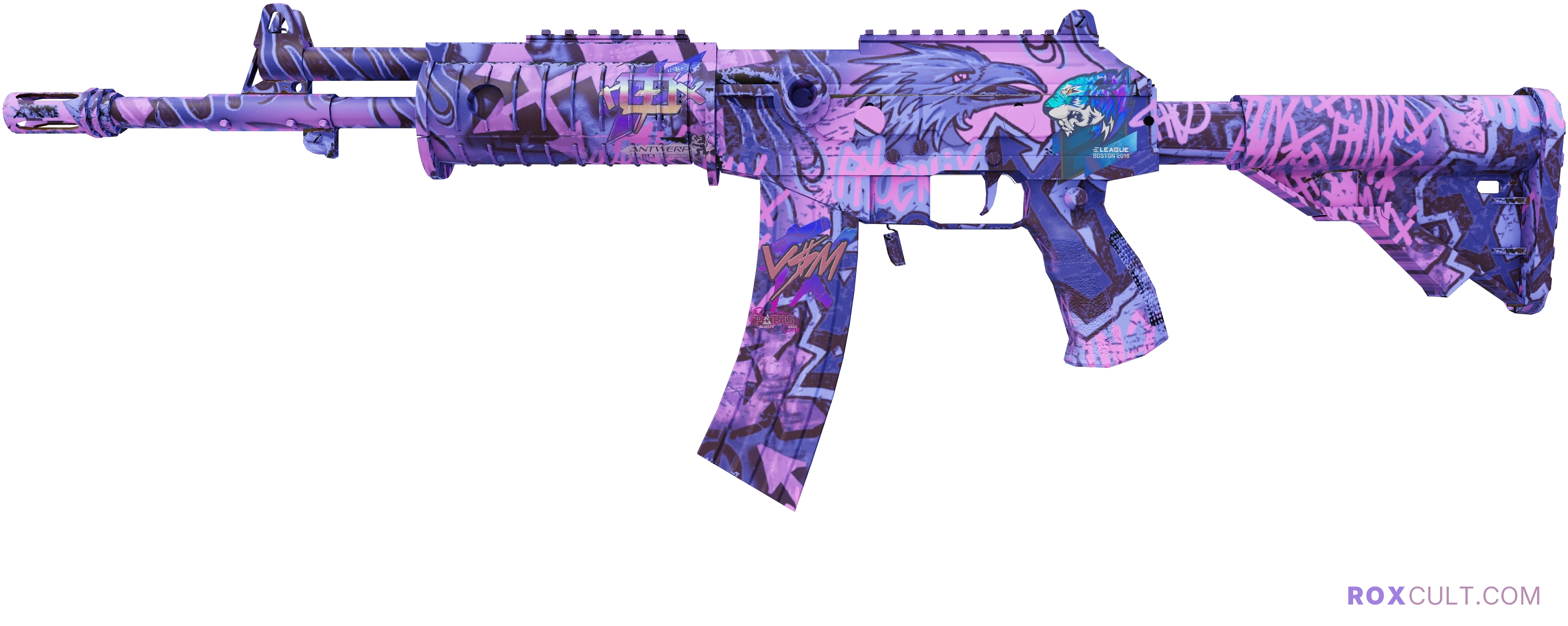 Galil AR | Phoenix Blacklight (Factory New) — rox (Holo) Antwerp 2022 craft, playside view with 1 rox (Holo) sticker