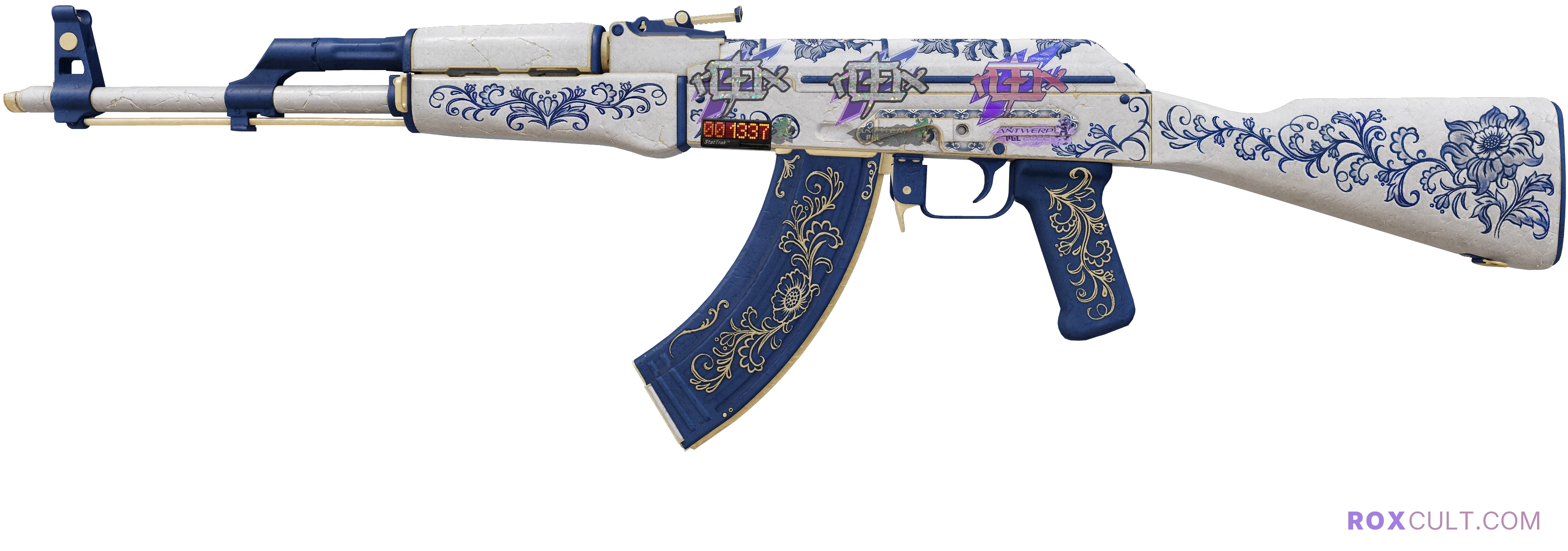 StatTrak™ AK-47 | Inheritance (Field-Tested) — rox (Holo) Antwerp 2022 craft, playside view with 1 rox (Holo) sticker