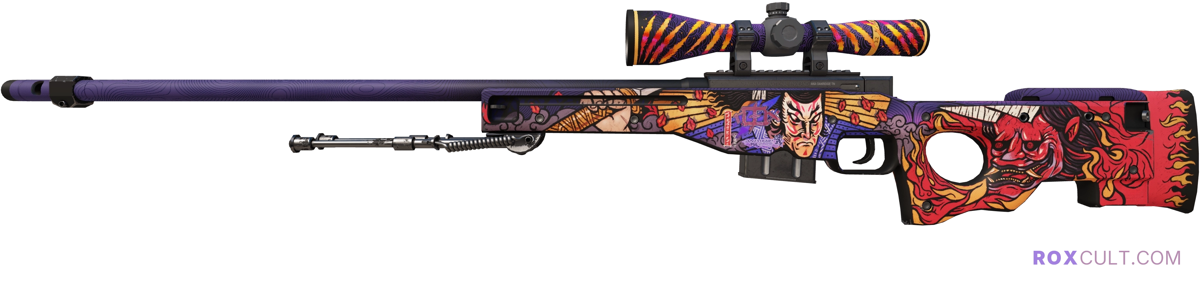 AWP | Oni Taiji (Factory New) — rox (Holo) Antwerp 2022 craft, playside view with 1 rox (Holo) sticker