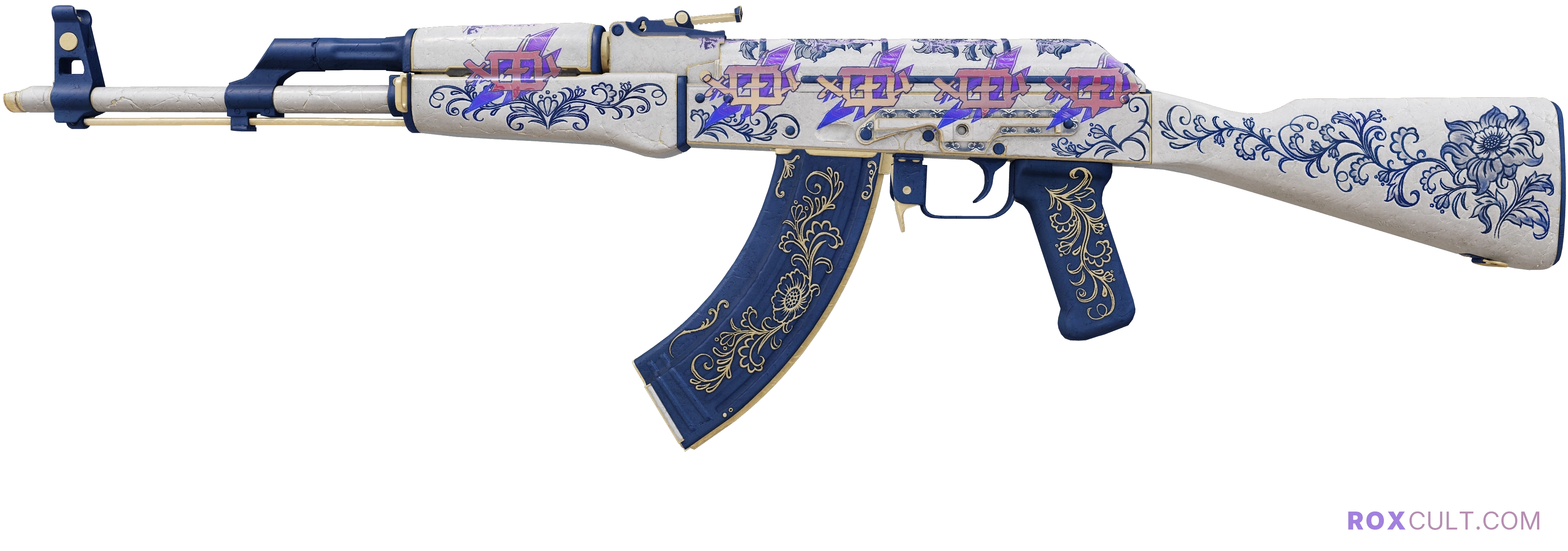 AK-47 | Inheritance (Field-Tested) — rox (Holo) Antwerp 2022 craft, playside view with 5 rox (Holo) stickers