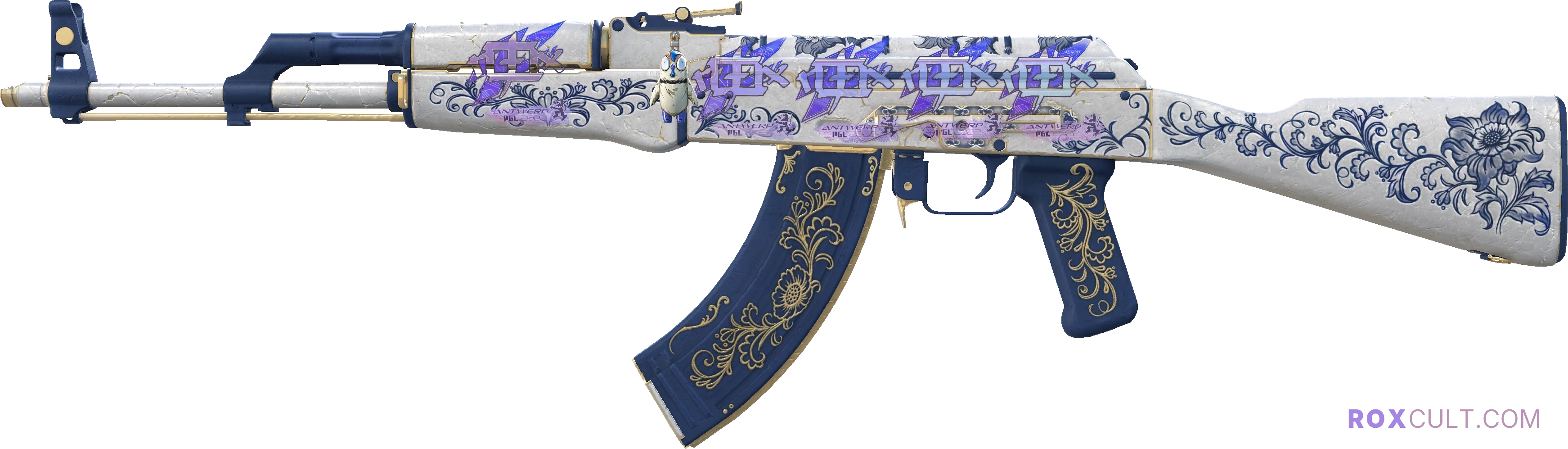 AK-47 | Inheritance (Factory New) — rox (Holo) Antwerp 2022 craft, playside view with 5 rox (Holo) stickers