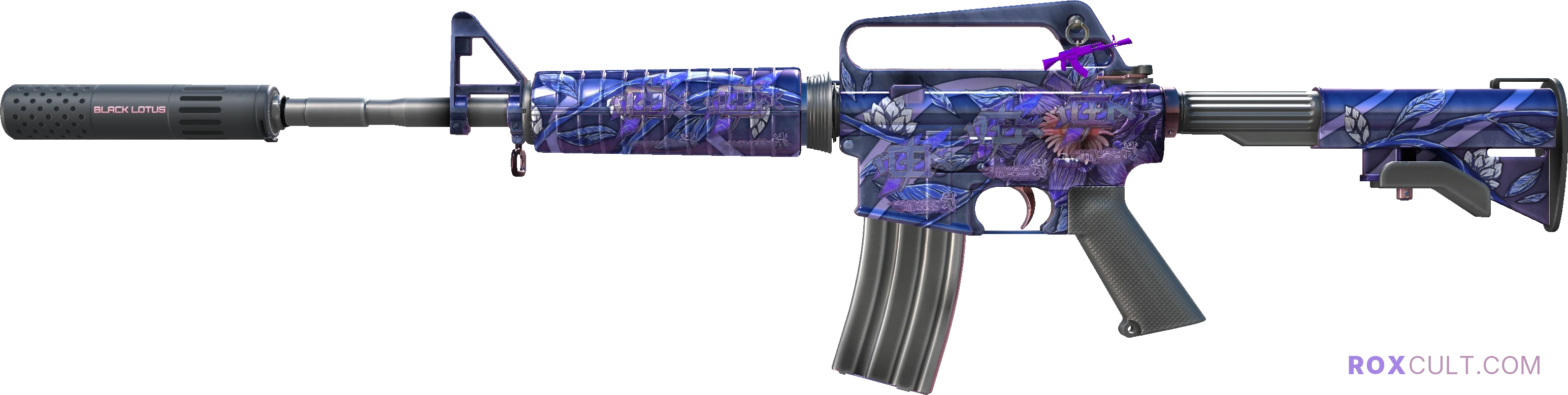 M4A1-S | Black Lotus (Factory New) — rox (Holo) Antwerp 2022 craft, playside view with 5 rox (Holo) stickers