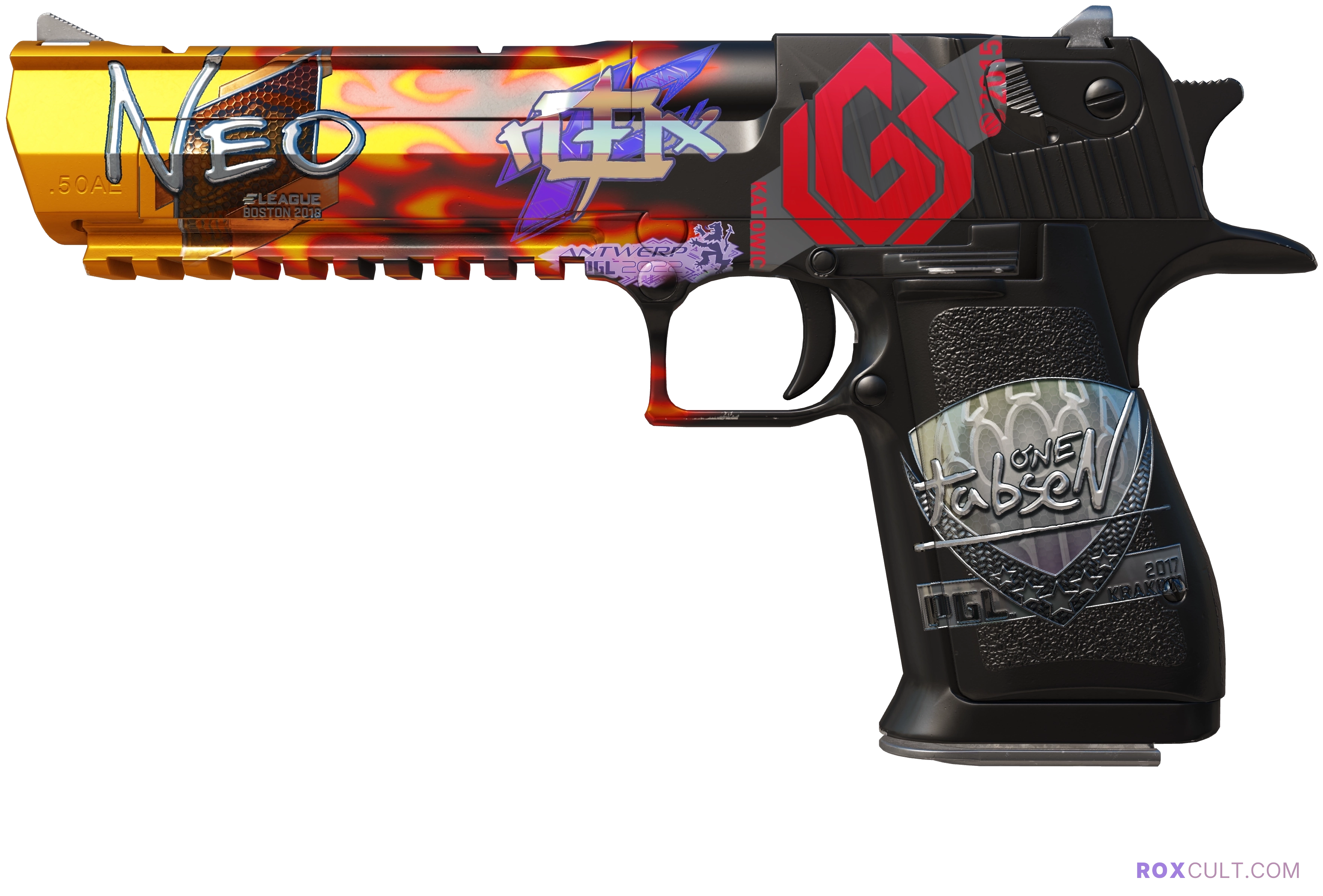 Desert Eagle | Blaze (Factory New) — rox (Holo) Antwerp 2022 craft, playside view with 1 rox (Holo) sticker