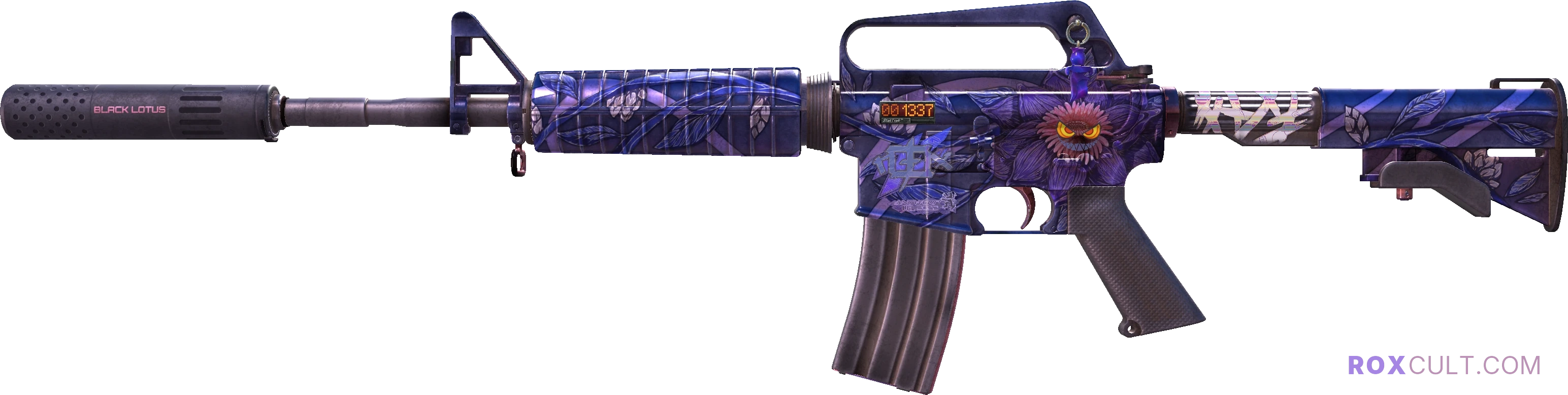 StatTrak™ M4A1-S | Black Lotus (Battle-Scarred) — rox (Holo) Antwerp 2022 craft, playside view with 1 rox (Holo) sticker
