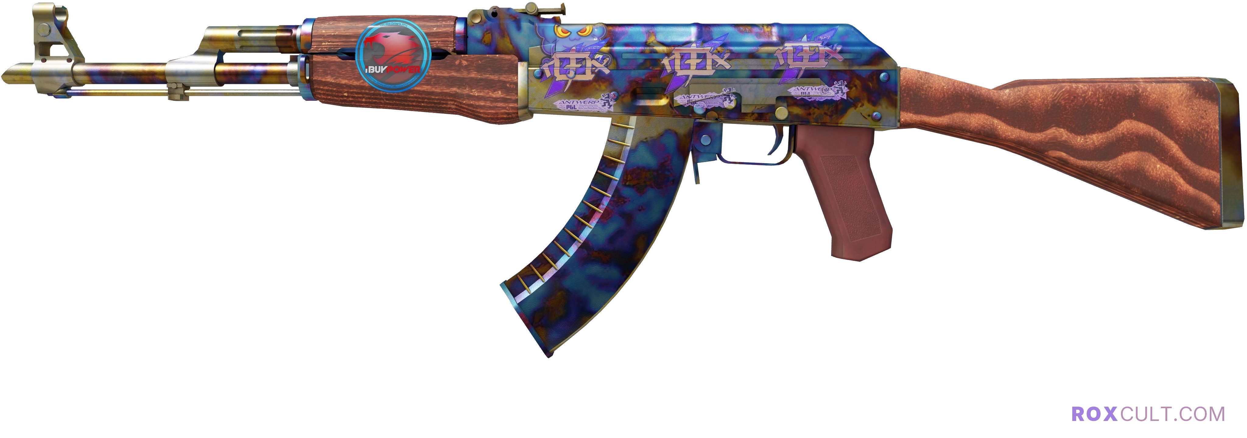 AK-47 | Case Hardened (Factory New) — rox (Holo) Antwerp 2022 craft, playside view with 3 rox (Holo) stickers