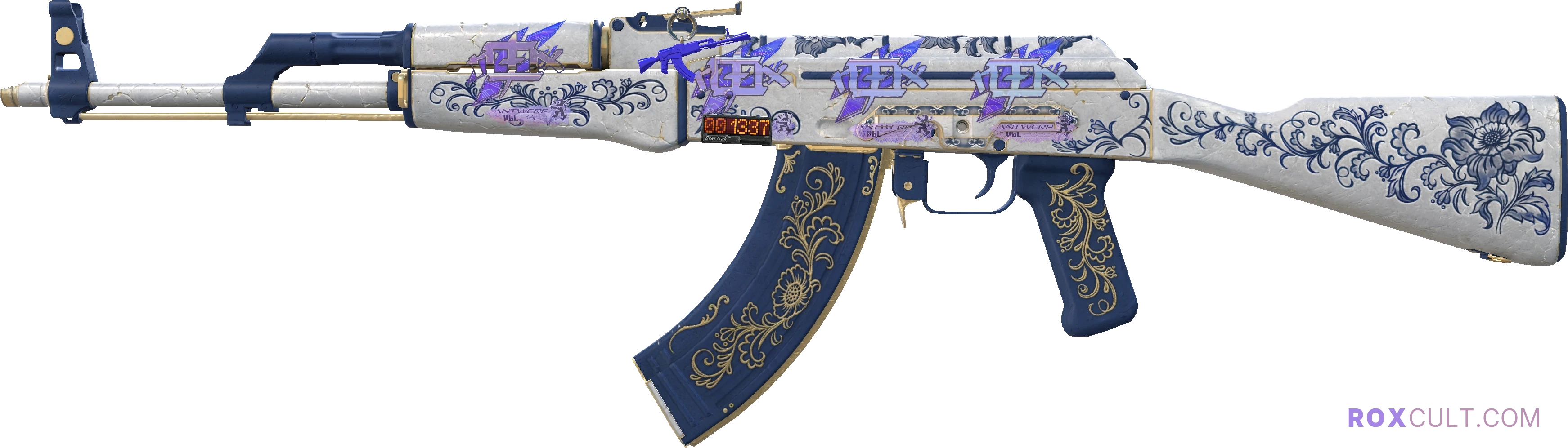 StatTrak™ AK-47 | Inheritance (Minimal Wear) — rox (Holo) Antwerp 2022 craft, playside view with 4 rox (Holo) stickers