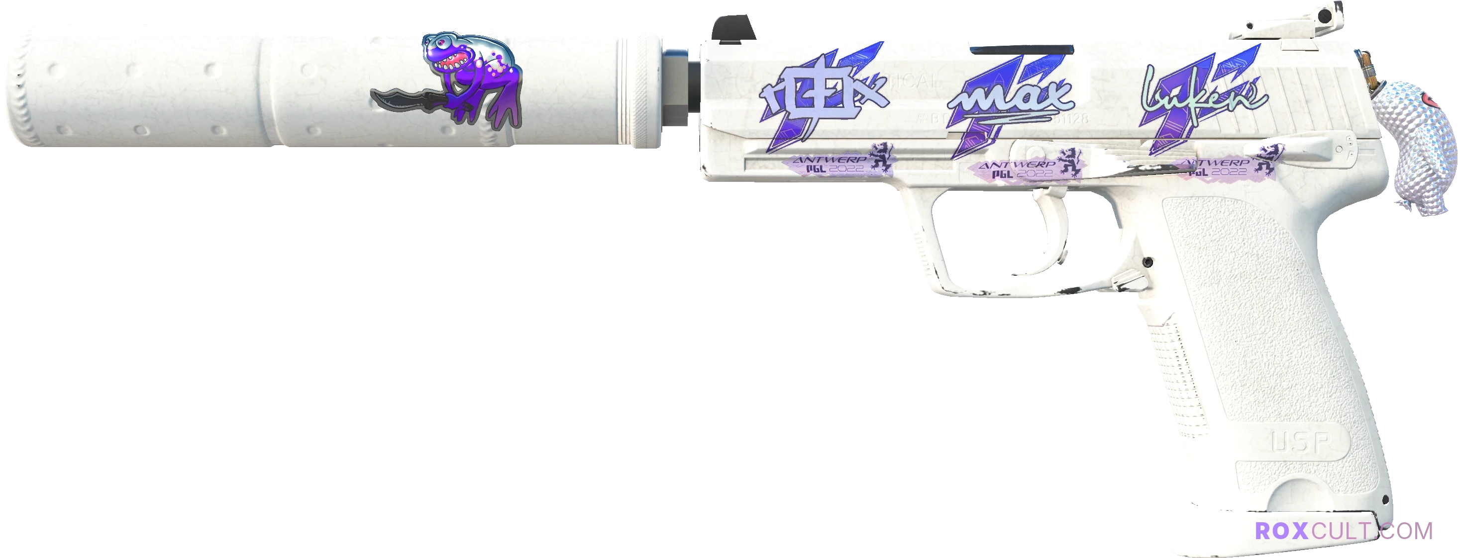 USP-S | Whiteout (Minimal Wear) — rox (Holo) Antwerp 2022 craft, playside view with 1 rox (Holo) sticker