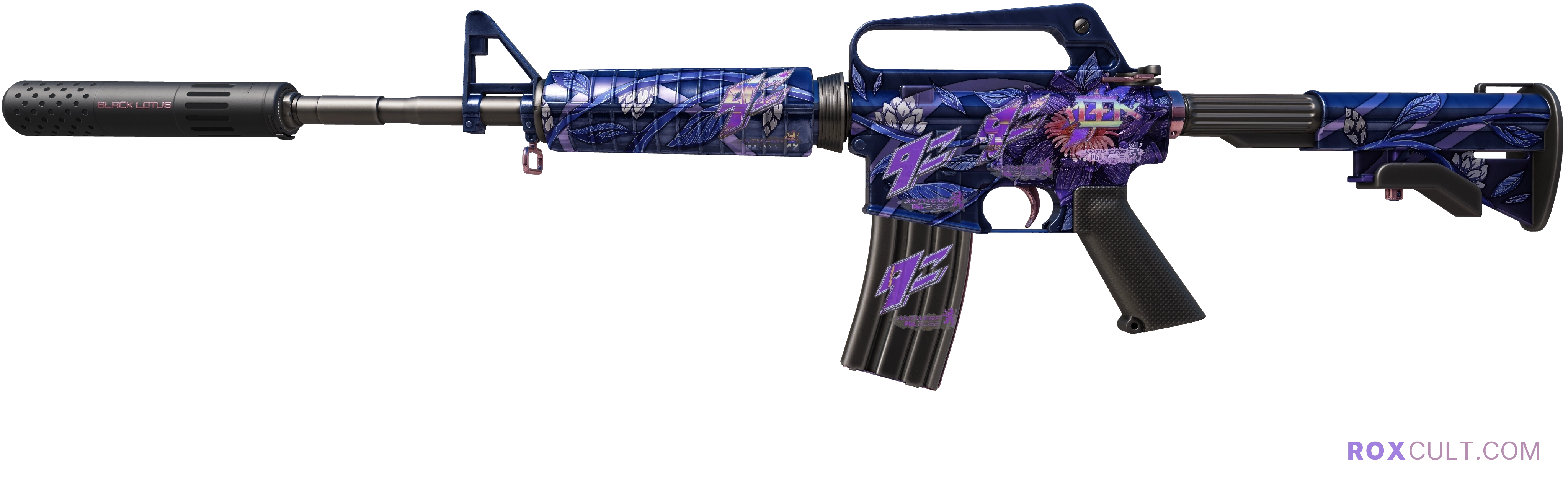 M4A1-S | Black Lotus (Factory New) — rox (Holo) Antwerp 2022 craft, playside view with 1 rox (Holo) sticker