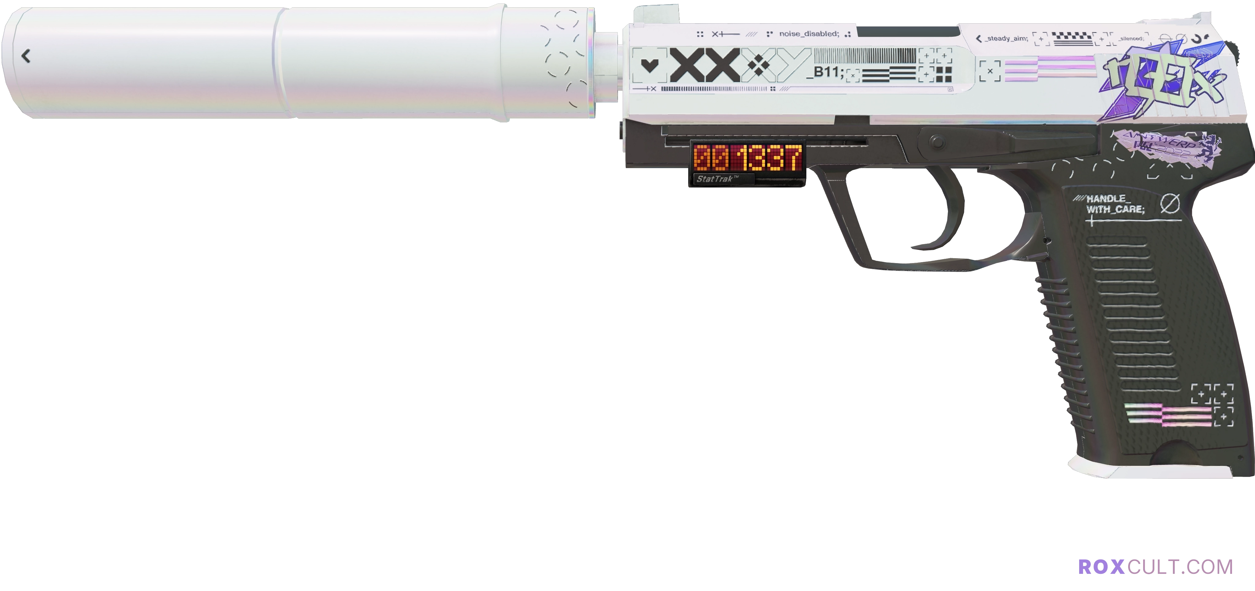 StatTrak™ USP-S | Printstream (Factory New) — rox (Holo) Antwerp 2022 craft, playside view with 1 rox (Holo) sticker