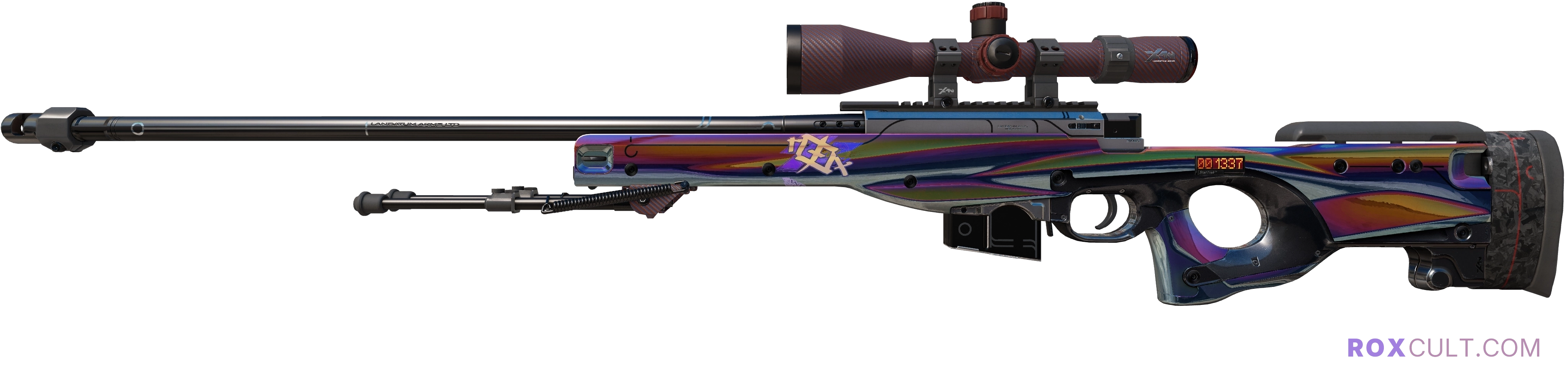 StatTrak™ AWP | Chrome Cannon (Factory New) — rox (Holo) Antwerp 2022 craft, playside view with 1 rox (Holo) sticker