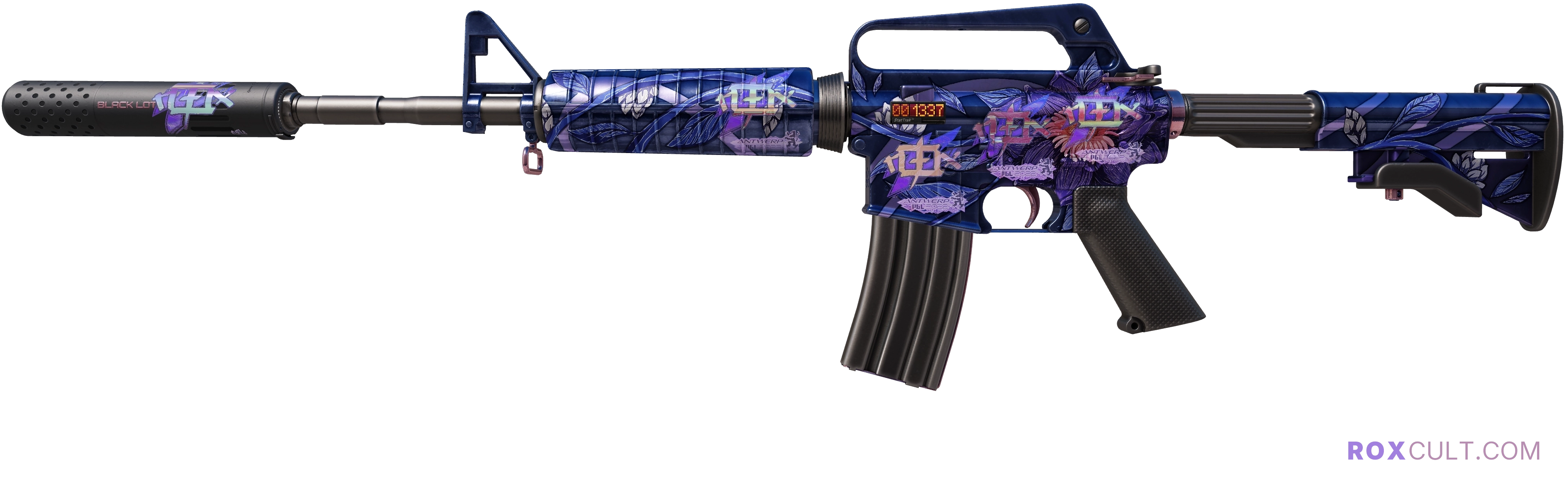 StatTrak™ M4A1-S | Black Lotus (Factory New) — rox (Holo) Antwerp 2022 craft, playside view with 5 rox (Holo) stickers