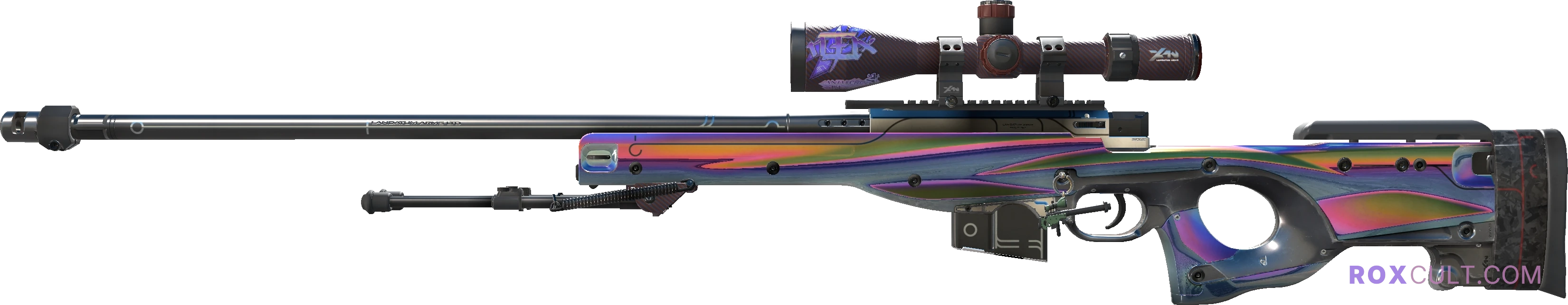 AWP | Chrome Cannon (Factory New) — rox (Holo) Antwerp 2022 craft, playside view with 1 rox (Holo) sticker