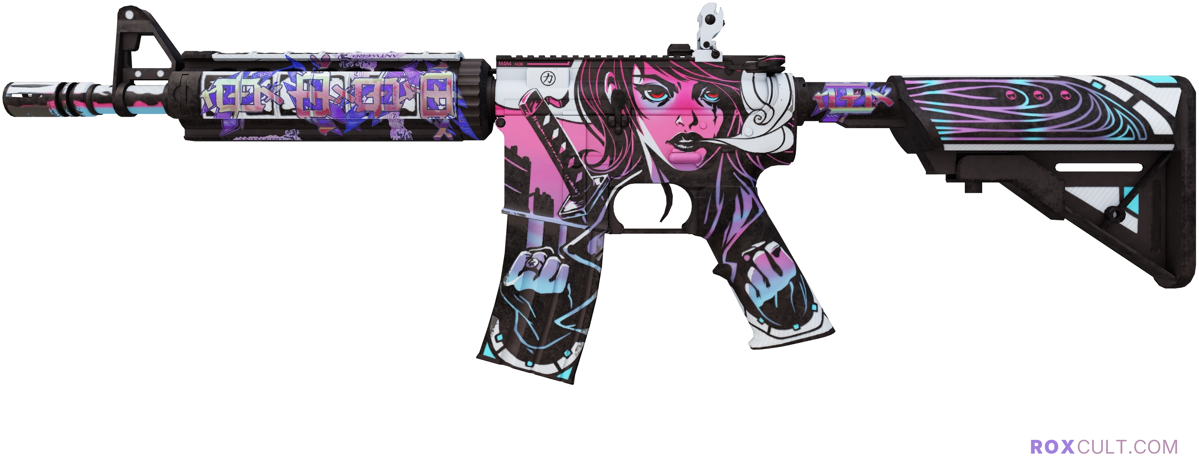 M4A4 | Neo-Noir (Factory New) — rox (Holo) Antwerp 2022 craft, playside view with 5 rox (Holo) stickers