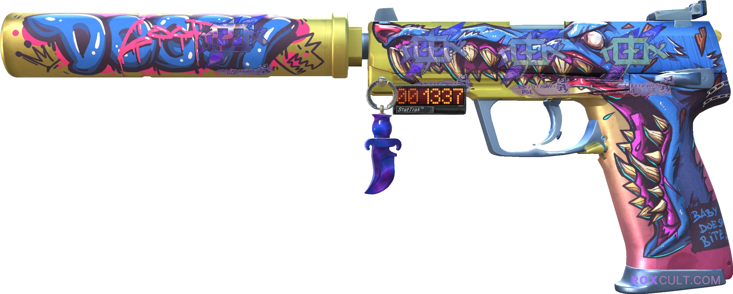 StatTrak™ USP-S | Jawbreaker (Factory New) — rox (Holo) Antwerp 2022 craft, playside view with 4 rox (Holo) stickers