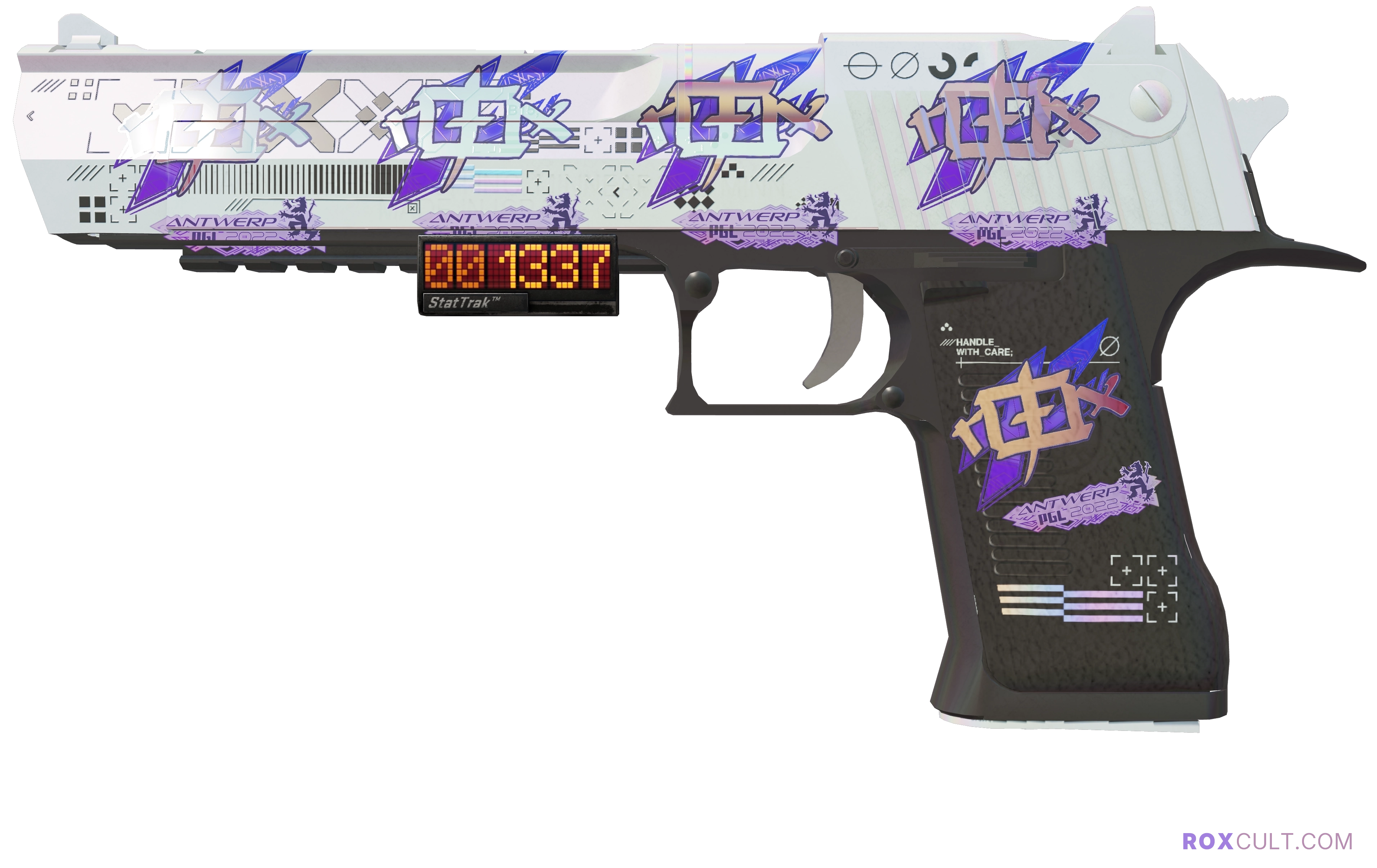 StatTrak™ Desert Eagle | Printstream (Factory New) — rox (Holo) Antwerp 2022 craft, playside view with 5 rox (Holo) stickers