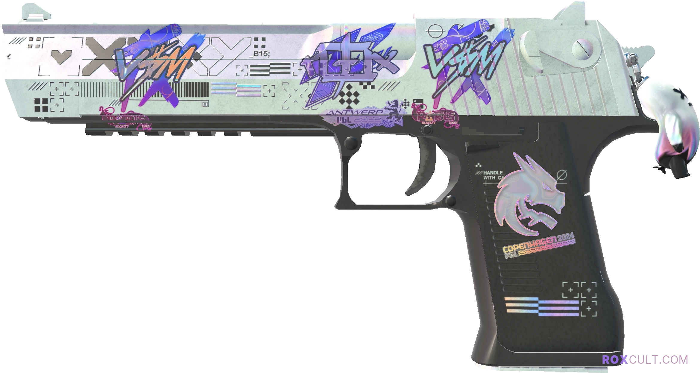 Desert Eagle | Printstream (Field-Tested) — rox (Holo) Antwerp 2022 craft, playside view with 1 rox (Holo) sticker