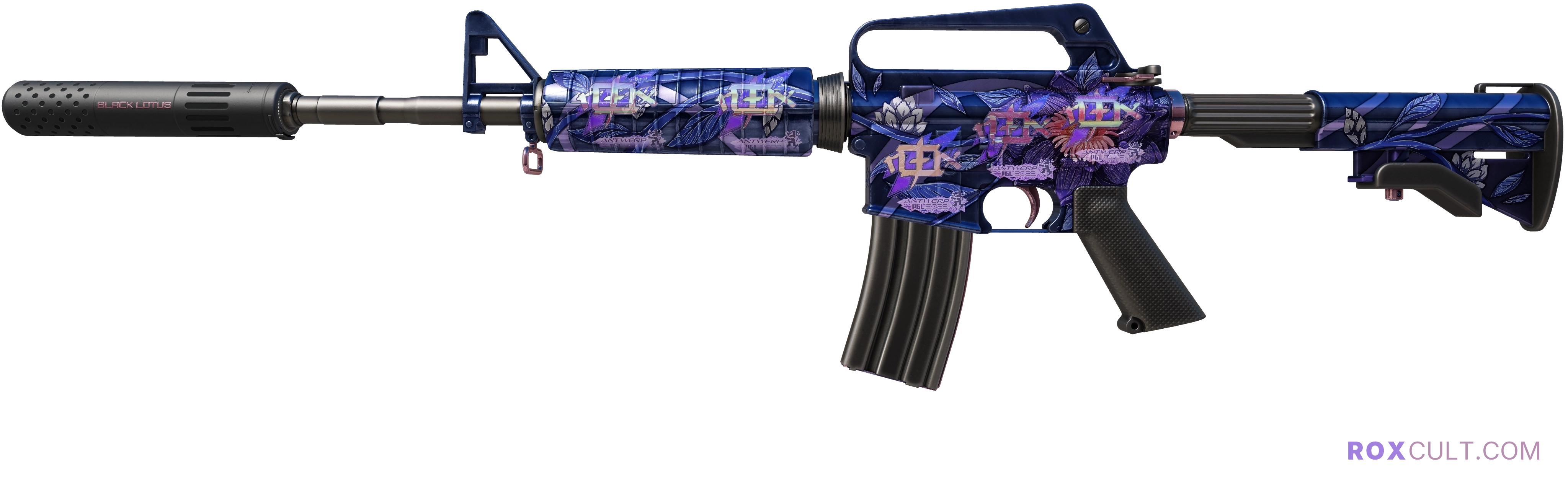 M4A1-S | Black Lotus (Factory New) — rox (Holo) Antwerp 2022 craft, playside view with 5 rox (Holo) stickers