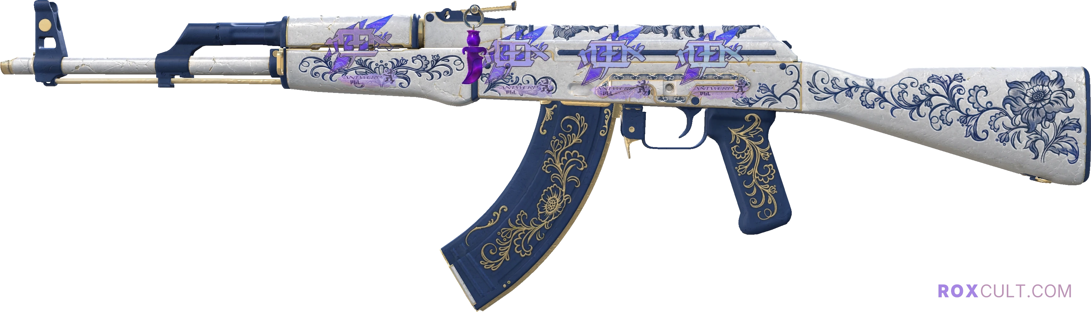 AK-47 | Inheritance (Factory New) — rox (Holo) Antwerp 2022 craft, playside view with 4 rox (Holo) stickers